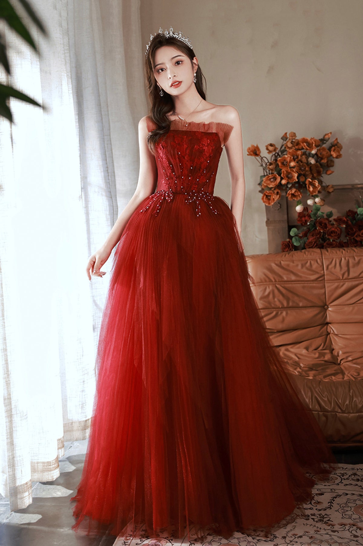 Burgundy Tulle Long Prom Dress with Lace, A-Line Strapless Evening Dress