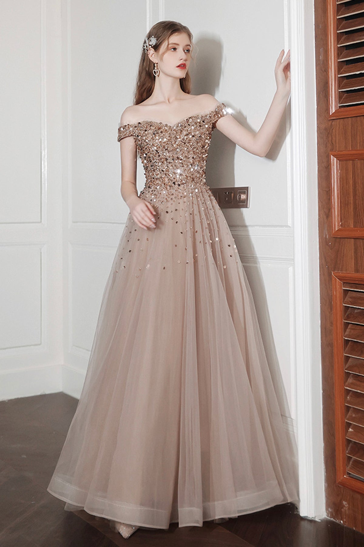 A-Line Tulle Long Prom Dress with Sequins, Lovely Off the Shoulder Evening Dress