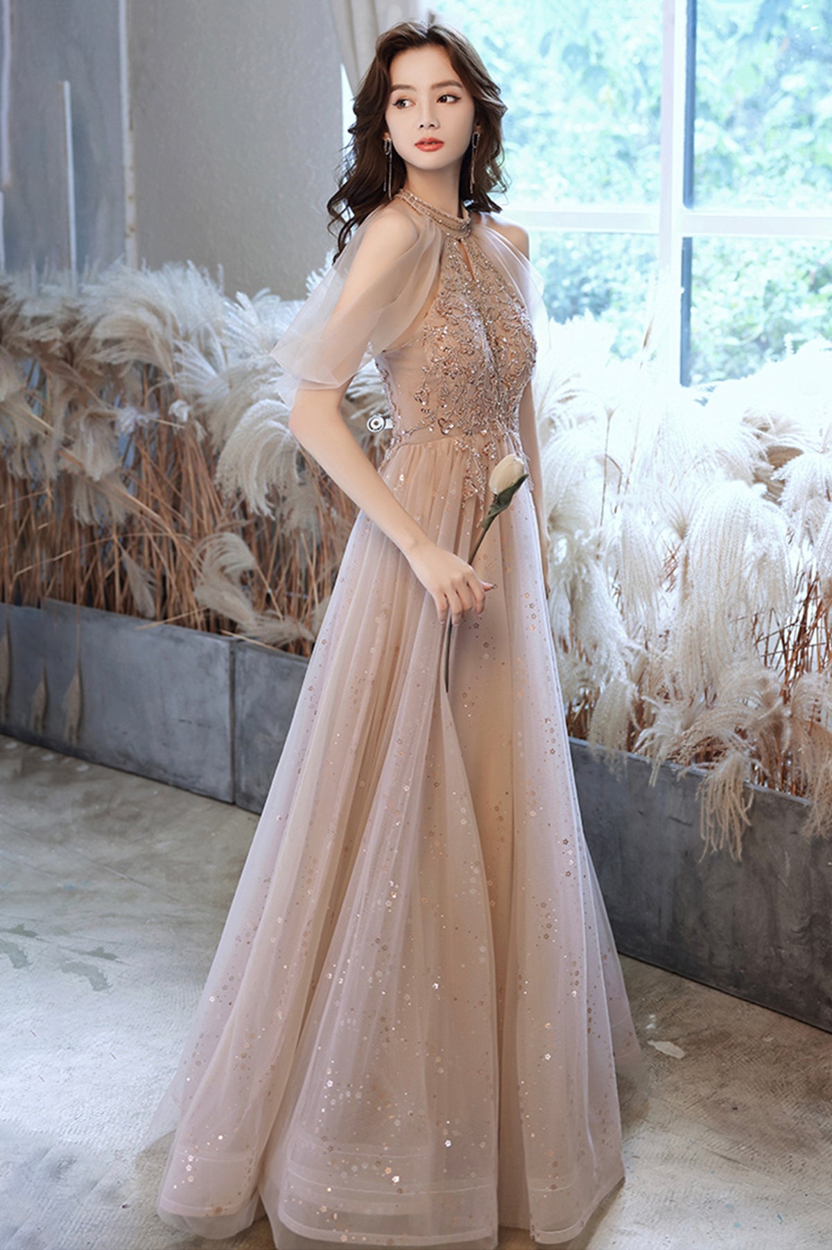 A-Line Tulle Long Prom Dress with Beaded, Off the Shoulder Evening Party Dress
