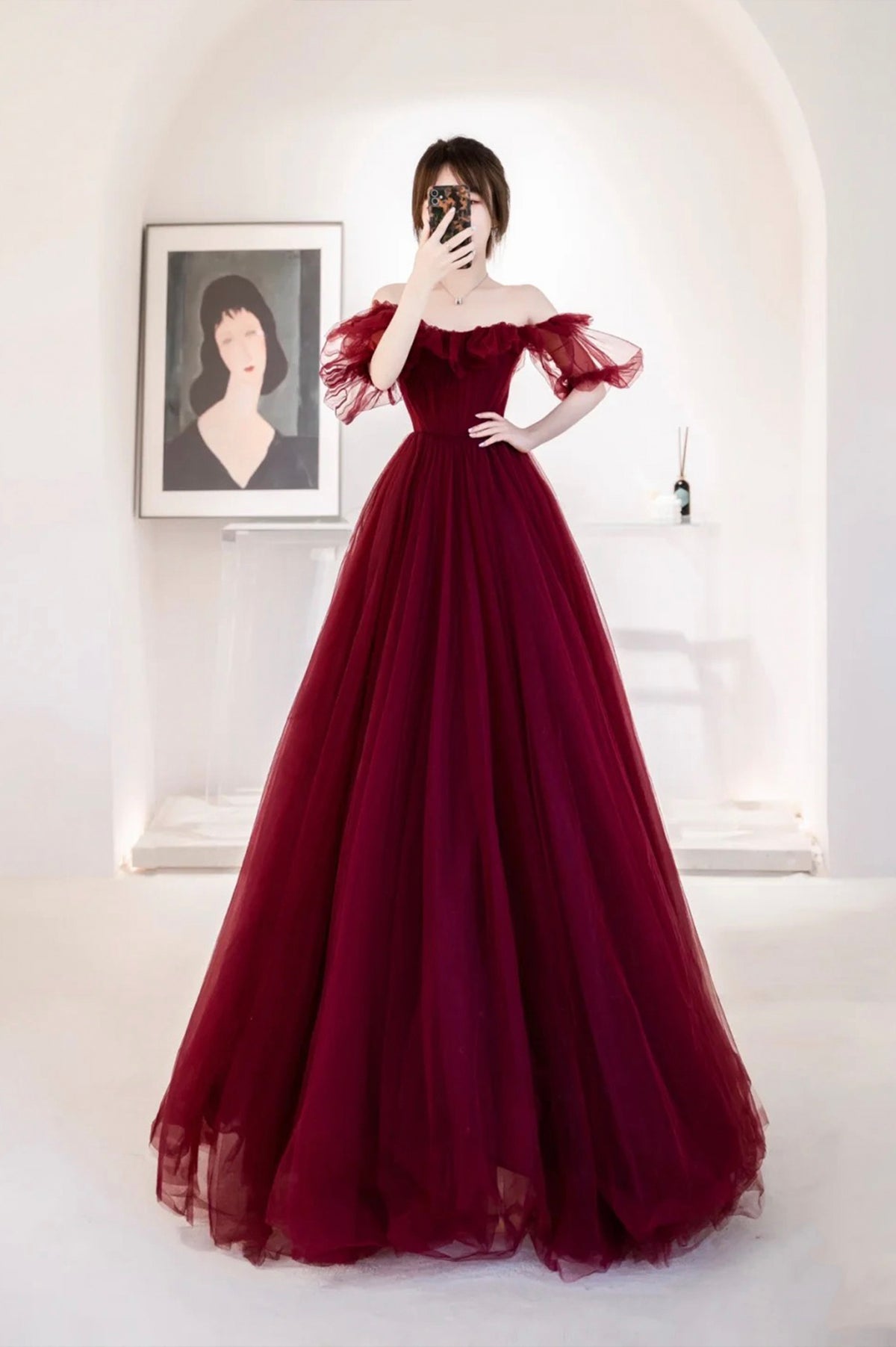 Burgundy Tulle Long Evening Dress, Cute A-Line Off the Shoulder Graduation Dress