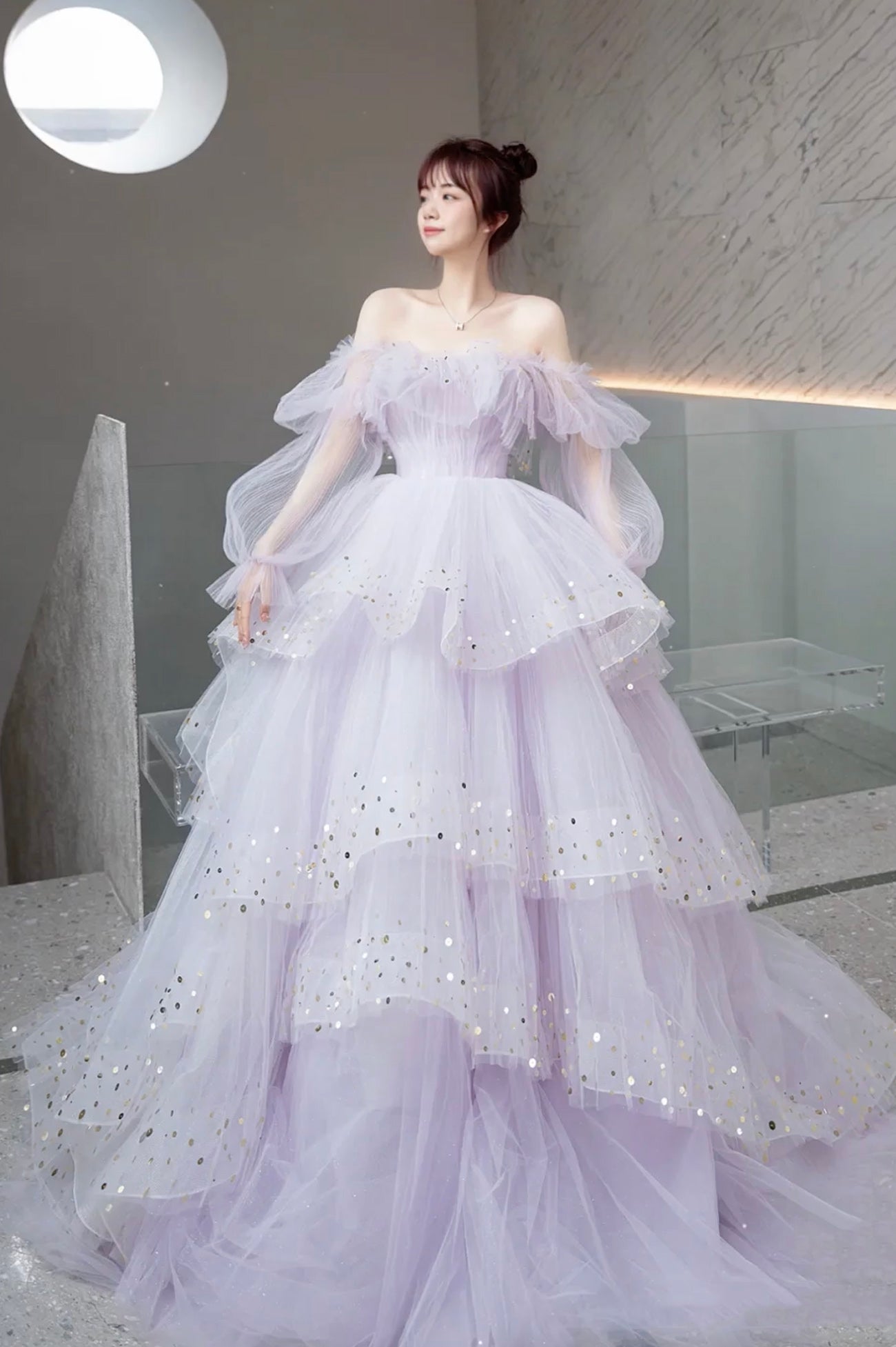 Purple Tulle Layers Long A-Line Prom Dress, Cute Long Sleeve Evening G Purple Tulle Layers Long A-Line Prom Dress, Cute Long Sleeve Evening G
