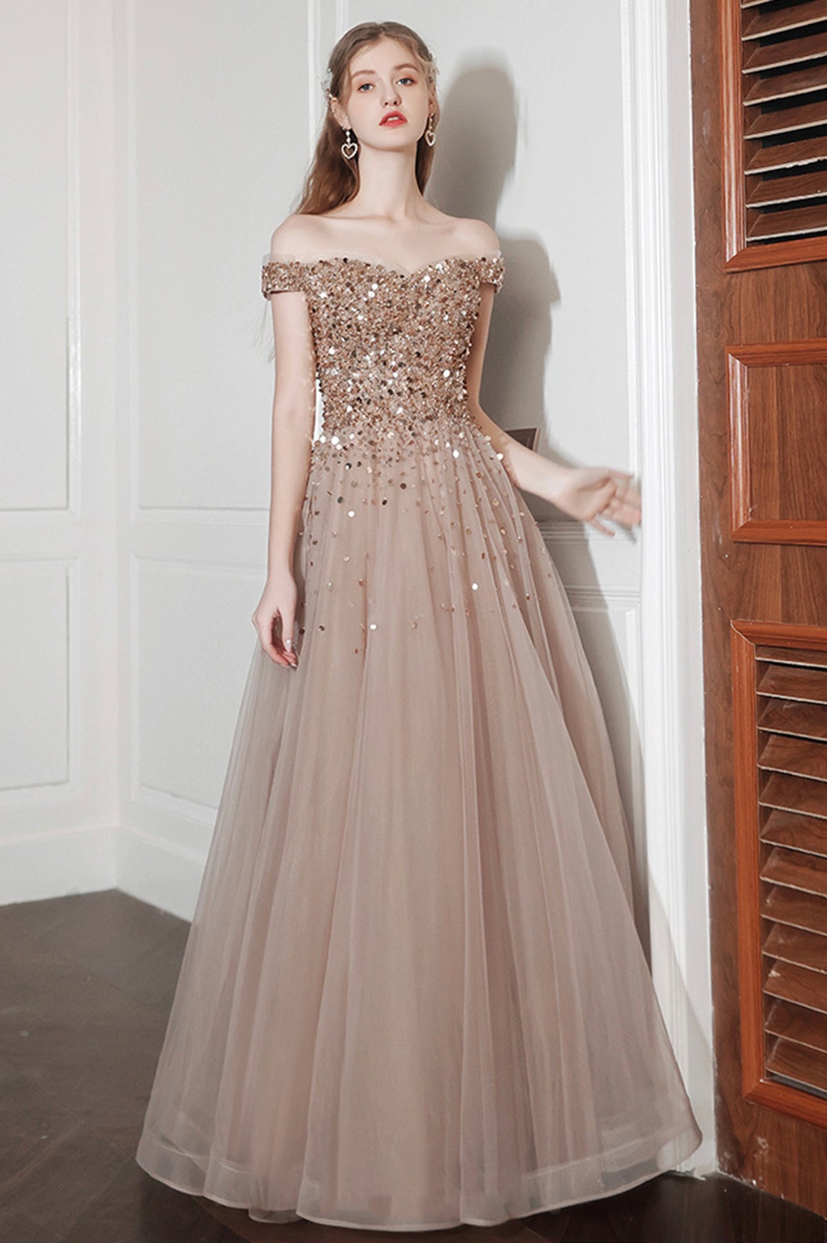 A-Line Tulle Long Prom Dress with Sequins, Lovely Off the Shoulder Evening Dress