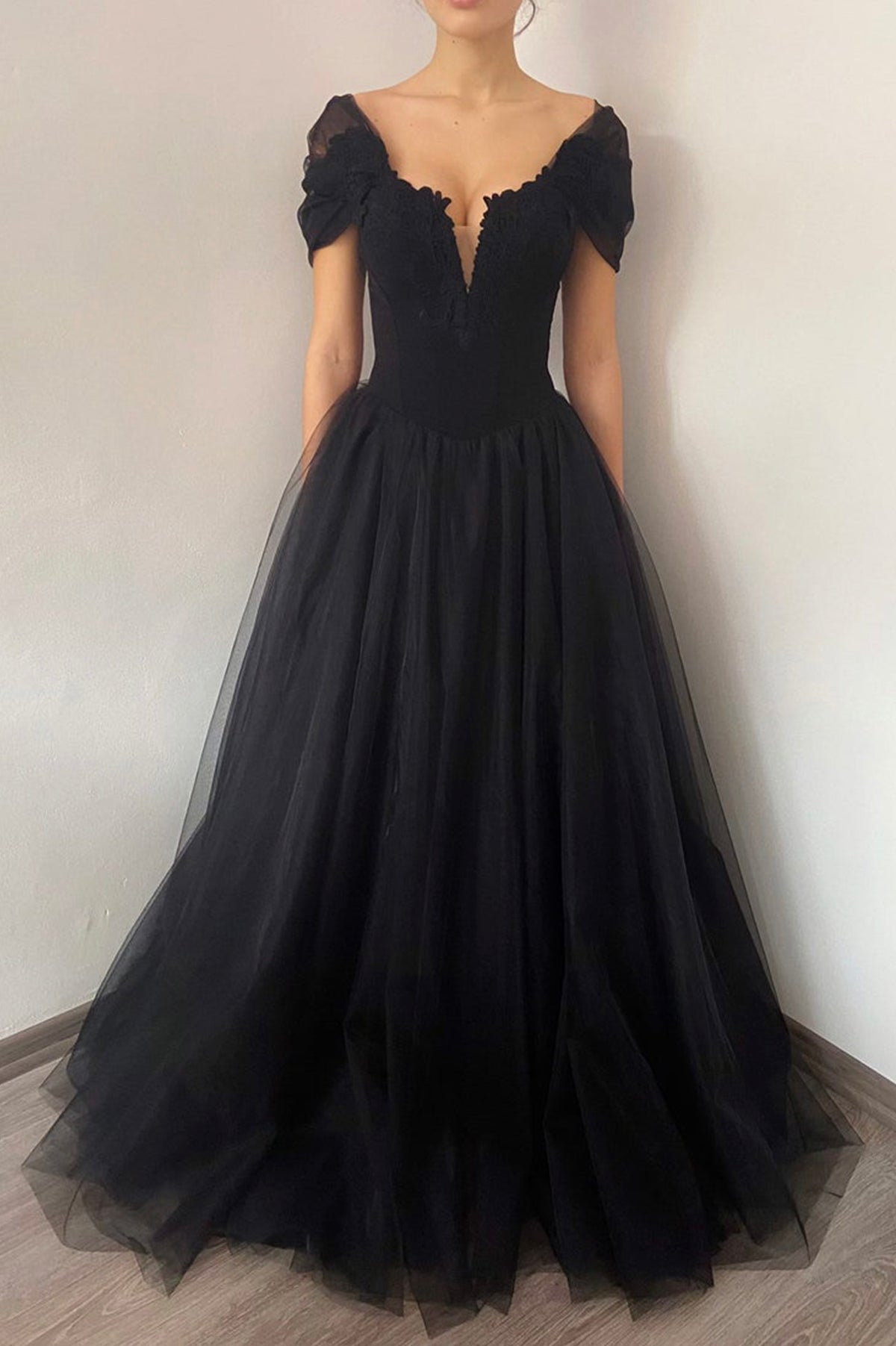 Black V-Neck Lace Long Prom Dress, Black A-Line Evening Party Dress