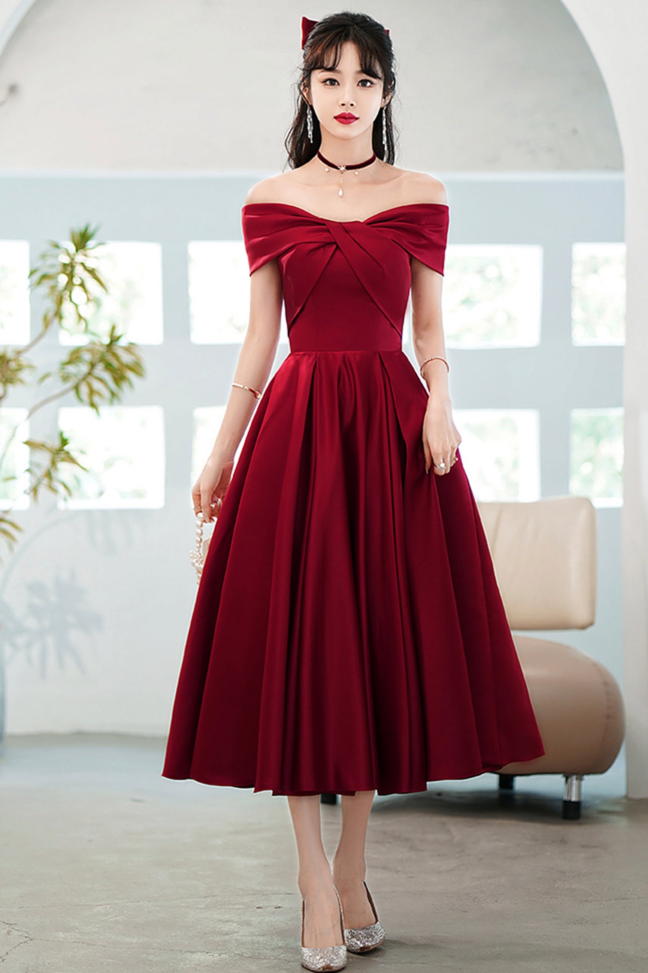Burgundy Satin Short A-Line Prom Dress, Off the Shoulder Homecoming Pa Burgundy Satin Short A-Line Prom Dress, Off the Shoulder Homecoming Pa