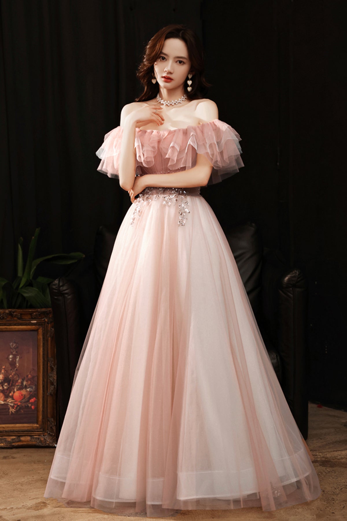 Pink Tulle Off the Shoulder Prom Dress, Lovely A-Line Graduation Dress