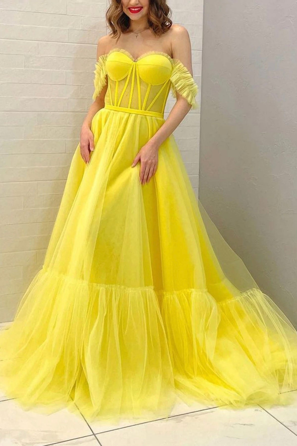 Yellow Tulle Long A-Line Prom Dress, Off the Shoulder Evening Party Dress