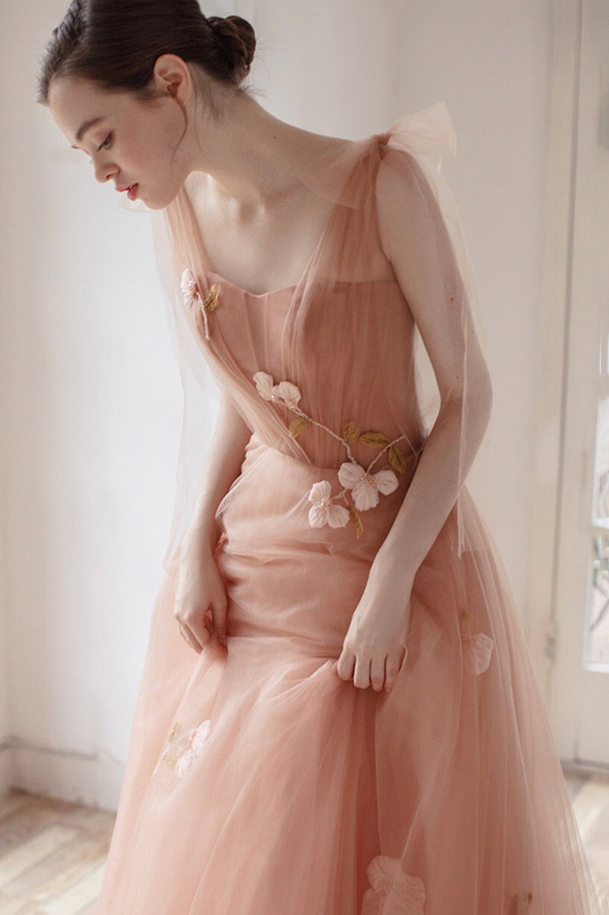 Pink Tulle Long A-Line Prom Dress, Cute Graduation Dress