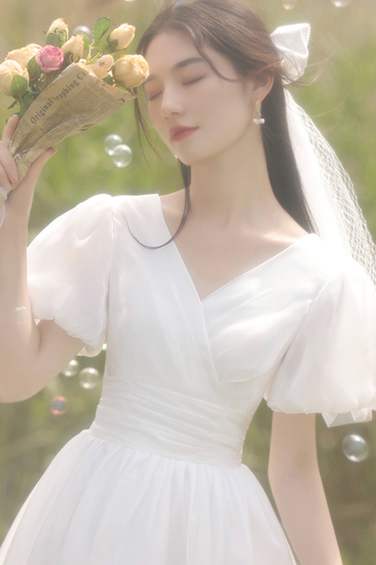 White V-Neck Tulle Short Prom Dress, Cute A-Line Evening Party Dress