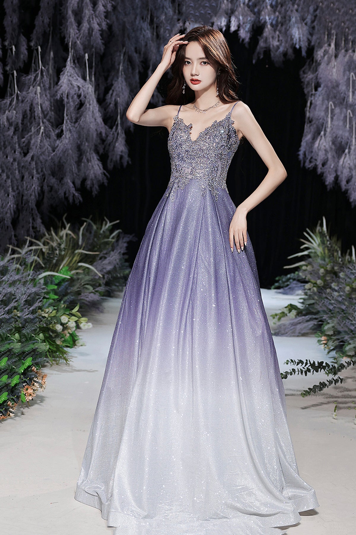 Purple V-Neck Lace Long Prom Dress, Purple Gradient Party Dress with Pockets
