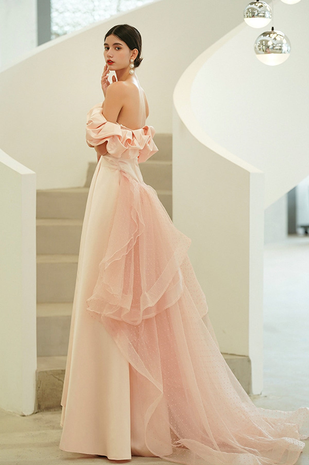 Pink Satin Long A-Line Prom Dress, Pink Strapless Evening Party Dress