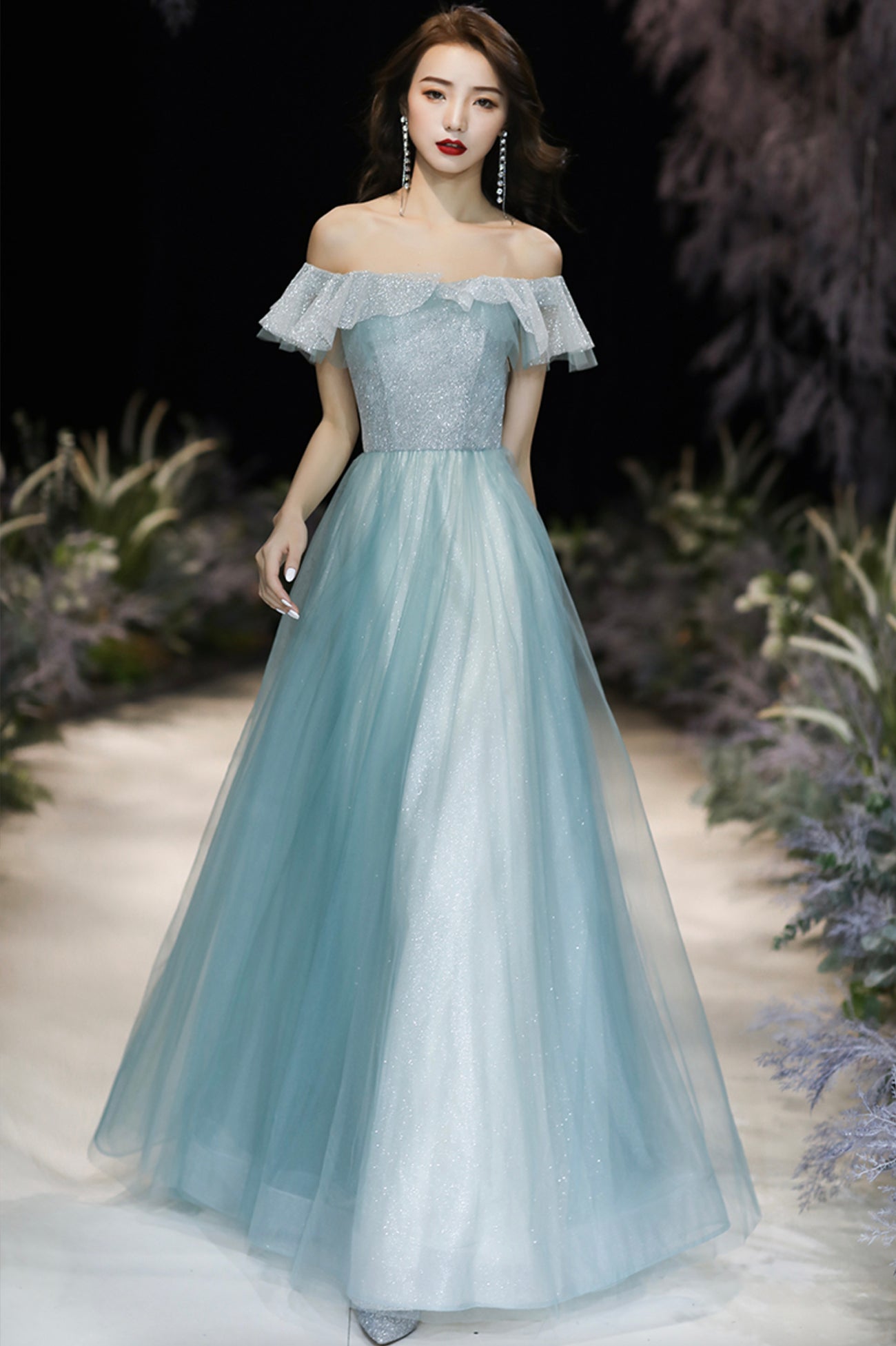 Cute Tulle Long A-Line Prom Dress, Off the Shoulder Evening Party Dres