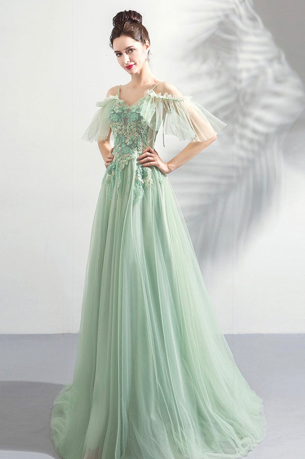Green Lace Spaghetti Strap Floor Length Evening Dress, A-Line Prom Dress