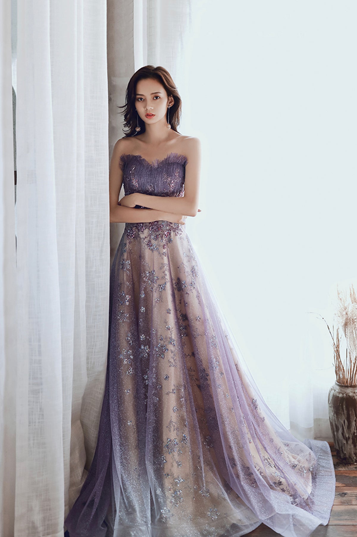 Purple Tulle Sequins Long Prom Dress, A-Line Strapless Evening Party Dress
