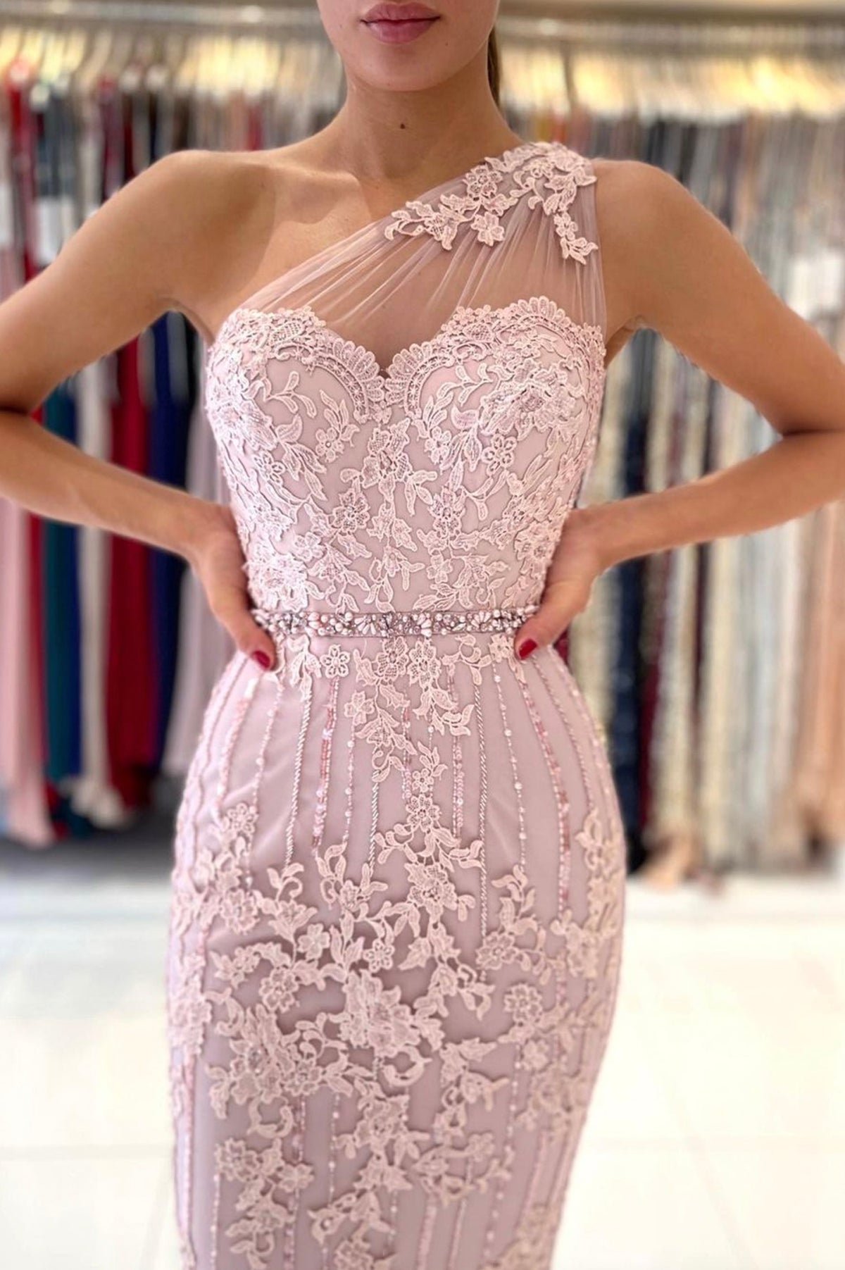 Pink Lace One Shoulder Prom Dress, Cute Homecoming Party Dress
