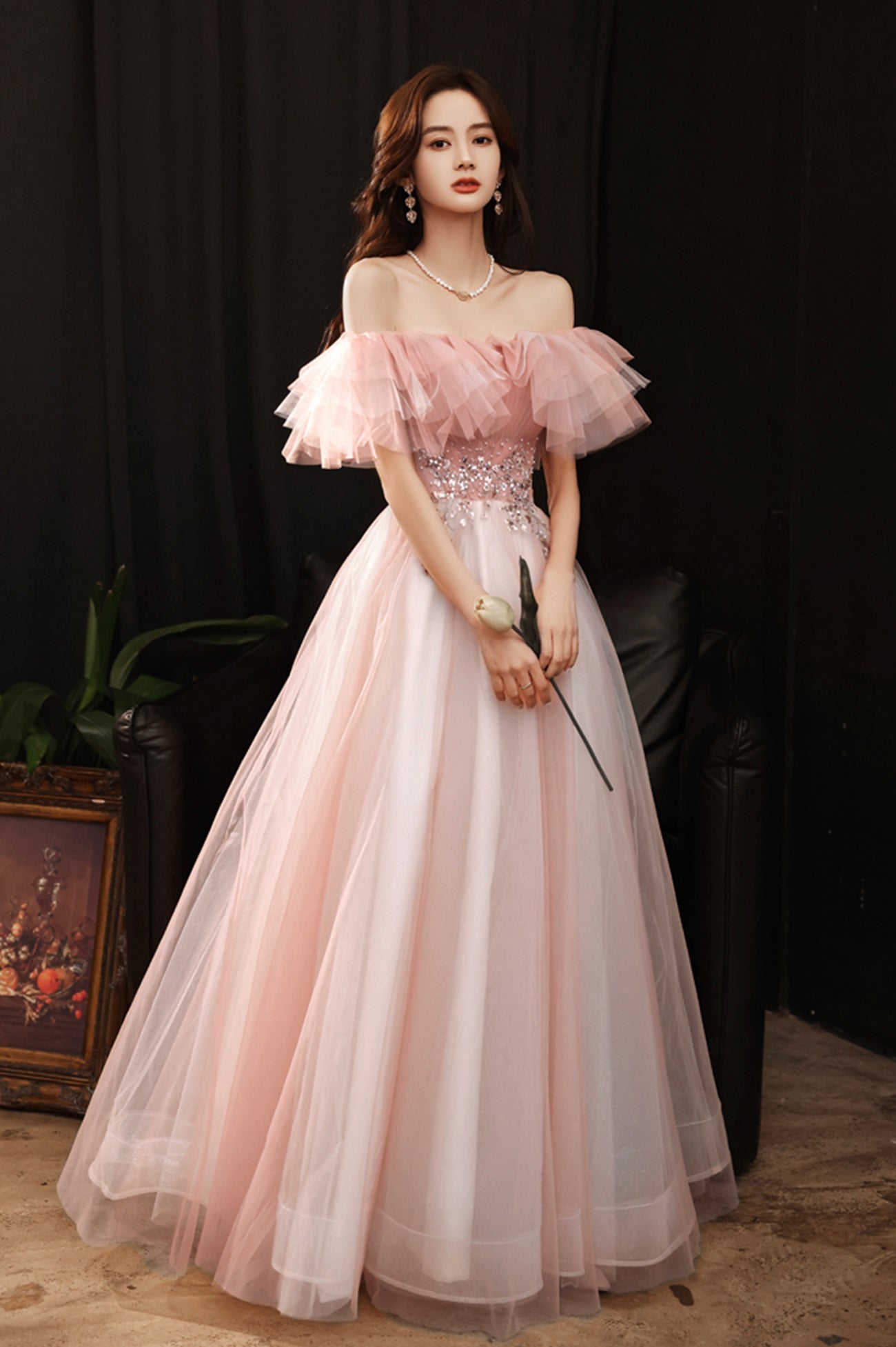Pink Tulle Off the Shoulder Prom Dress, Lovely A-Line Graduation Dress Pink Tulle Off the Shoulder Prom Dress, Lovely A-Line Graduation Dress
