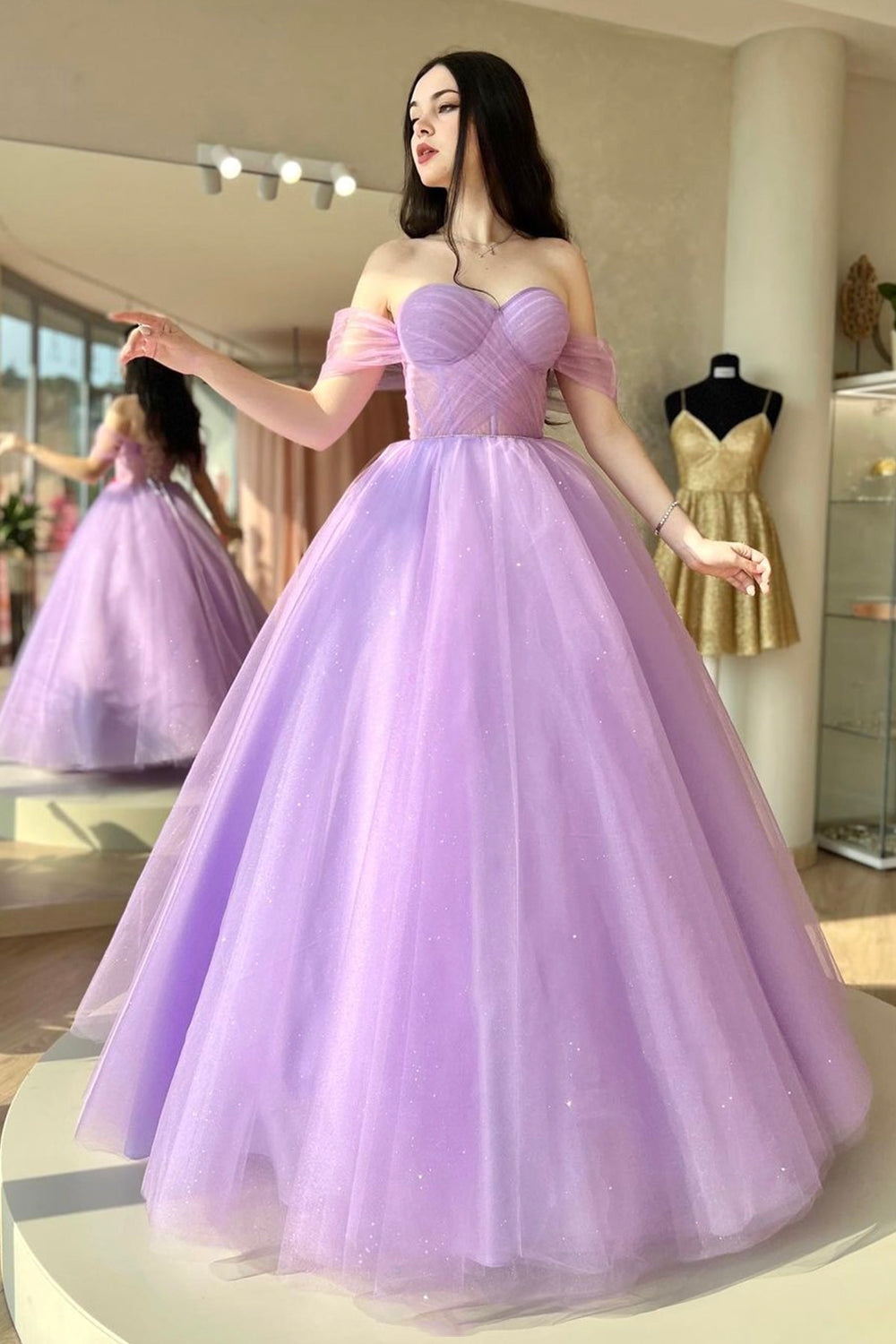 Purple Tulle Long A-Line Prom Dress, Off Shoulder Evening Dress