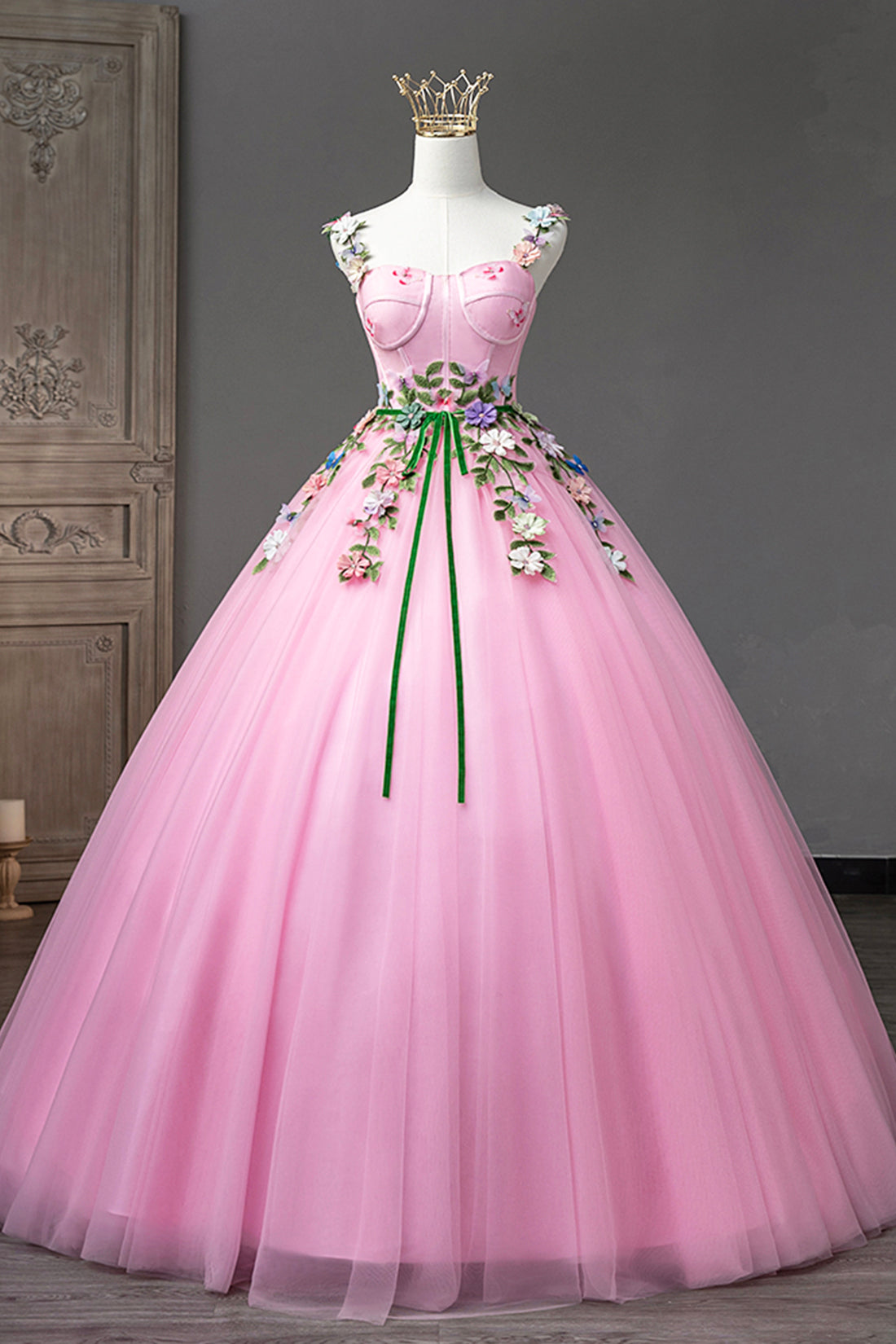 green emerald velvet dress Pink Tulle Flower Long Prom Dresses, Cute Spaghetti Sweet 16 Dresses