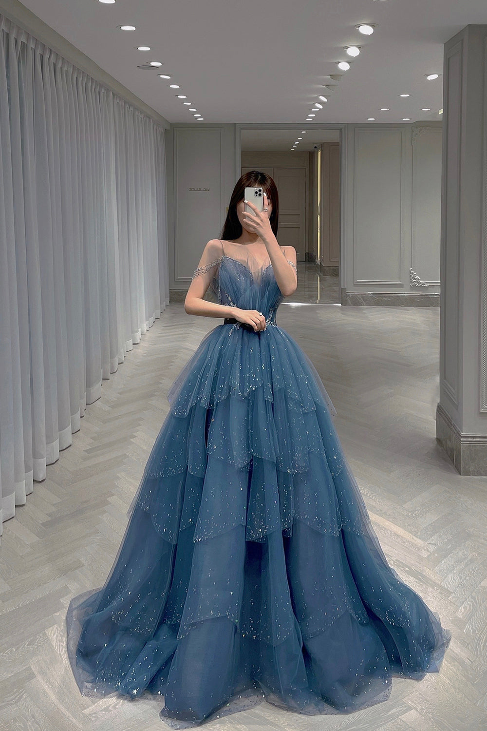 Blue Tulle Layers Straps Beaded Long Formal Dress, Beautiful A-Line Pr Blue Tulle Layers Straps Beaded Long Formal Dress, Beautiful A-Line Pr