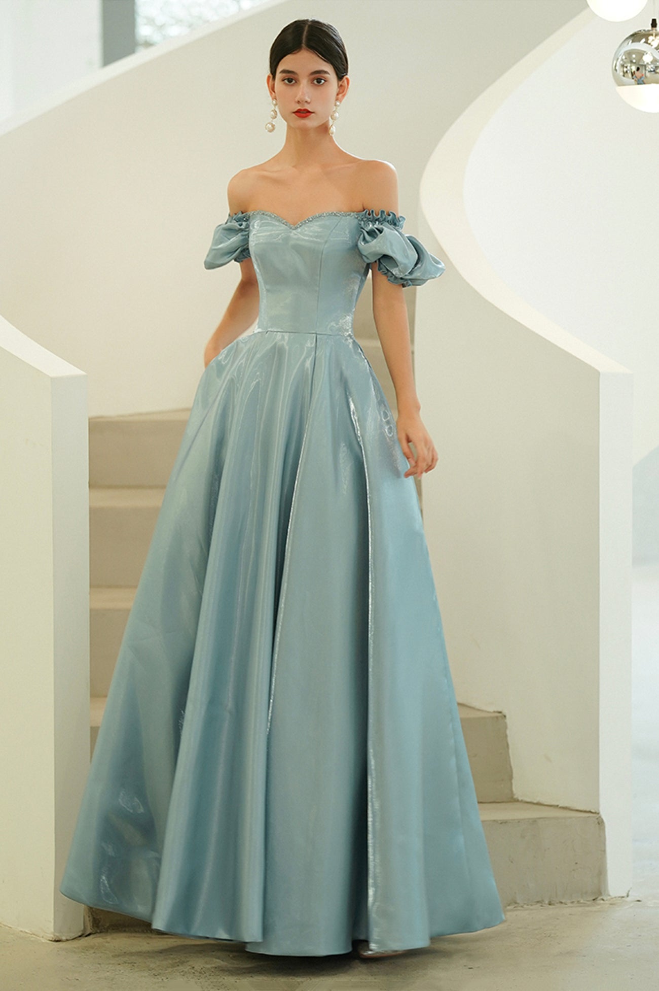 Blue V-neckline Satin Off Shoulder Party Dress, A-Line Blue Short Evening Prom Dress