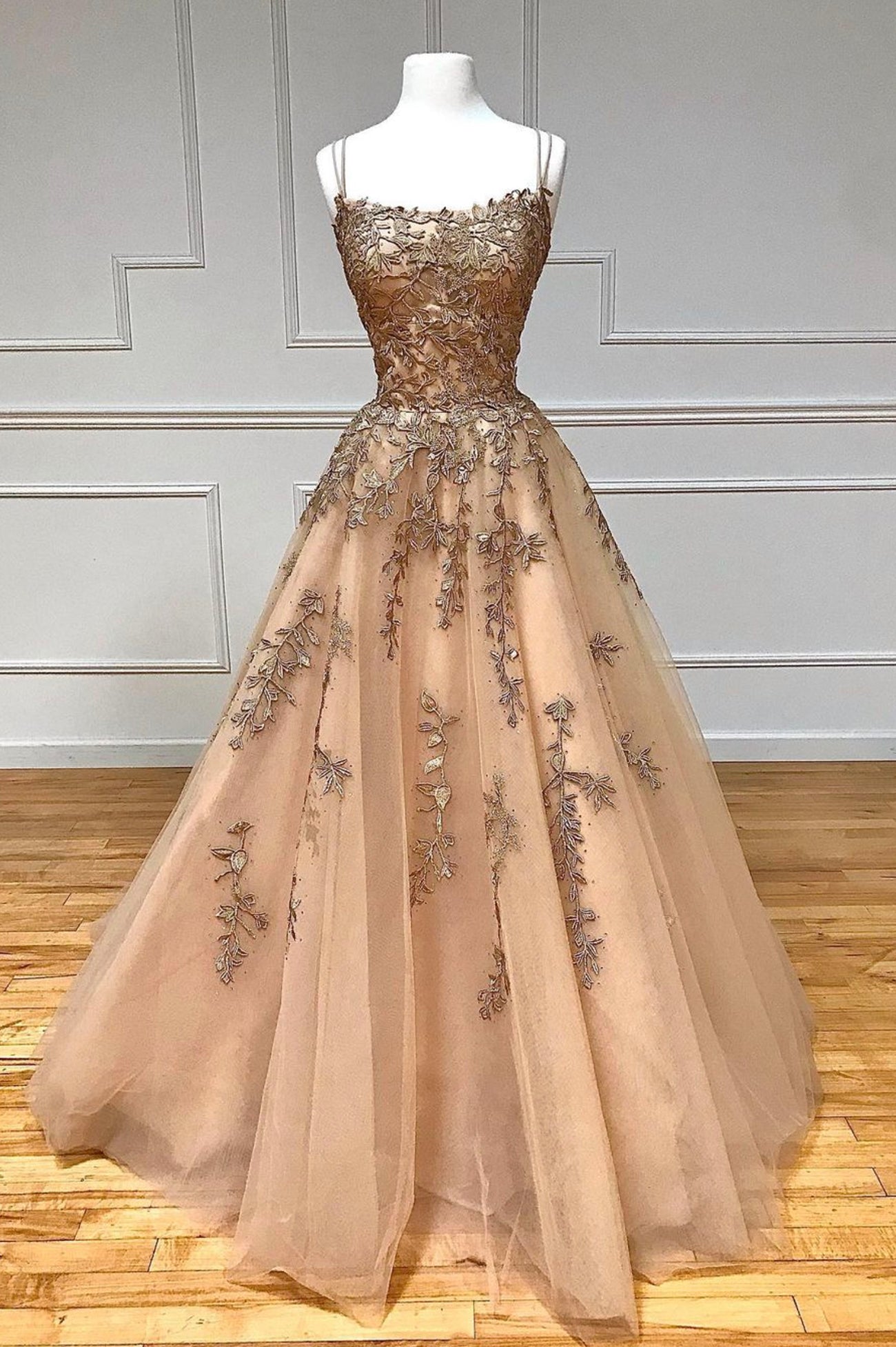 Stylish Tulle Long Prom Dress with Lace, A-Line Backless Formal Evenin