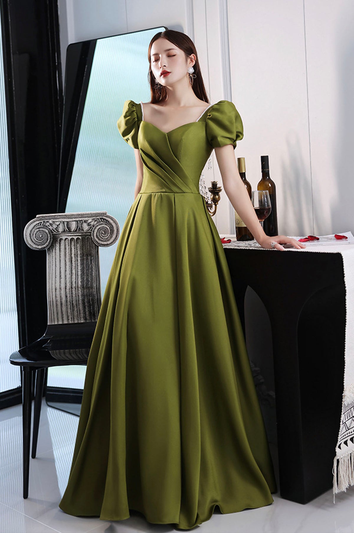 Green Satin Long A-Line Prom Dress, Short Sleeve Evening Party Dress