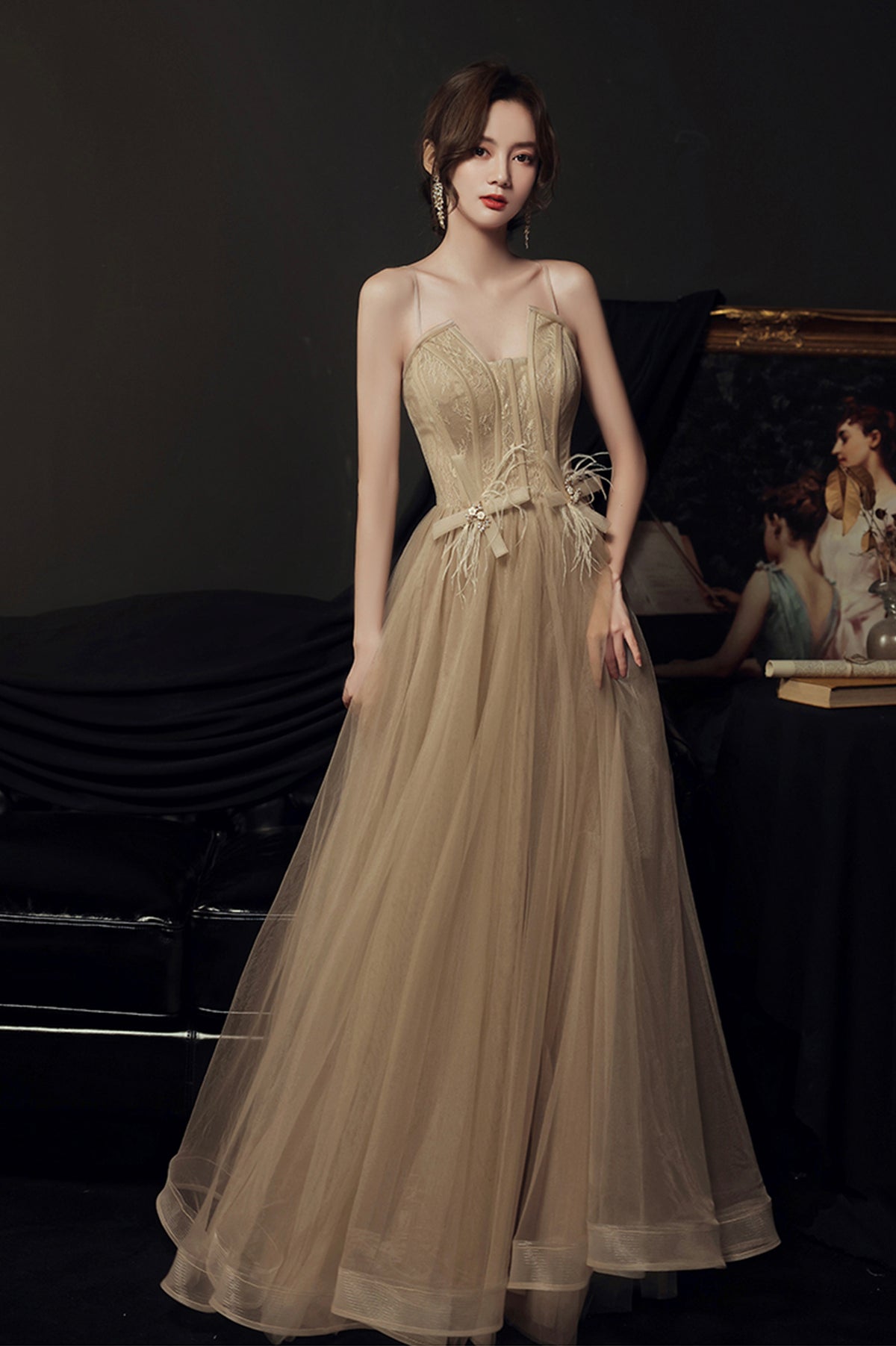 Stylish Tulle Long A-Line Prom Dress, Champagne Strapless Evening Party Dress