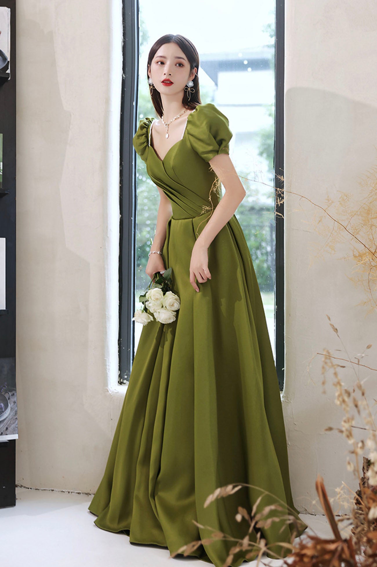 Green Satin Long A-Line Prom Dress, Short Sleeve Evening Party Dress Green Satin Long A-Line Prom Dress, Short Sleeve Evening Party Dress