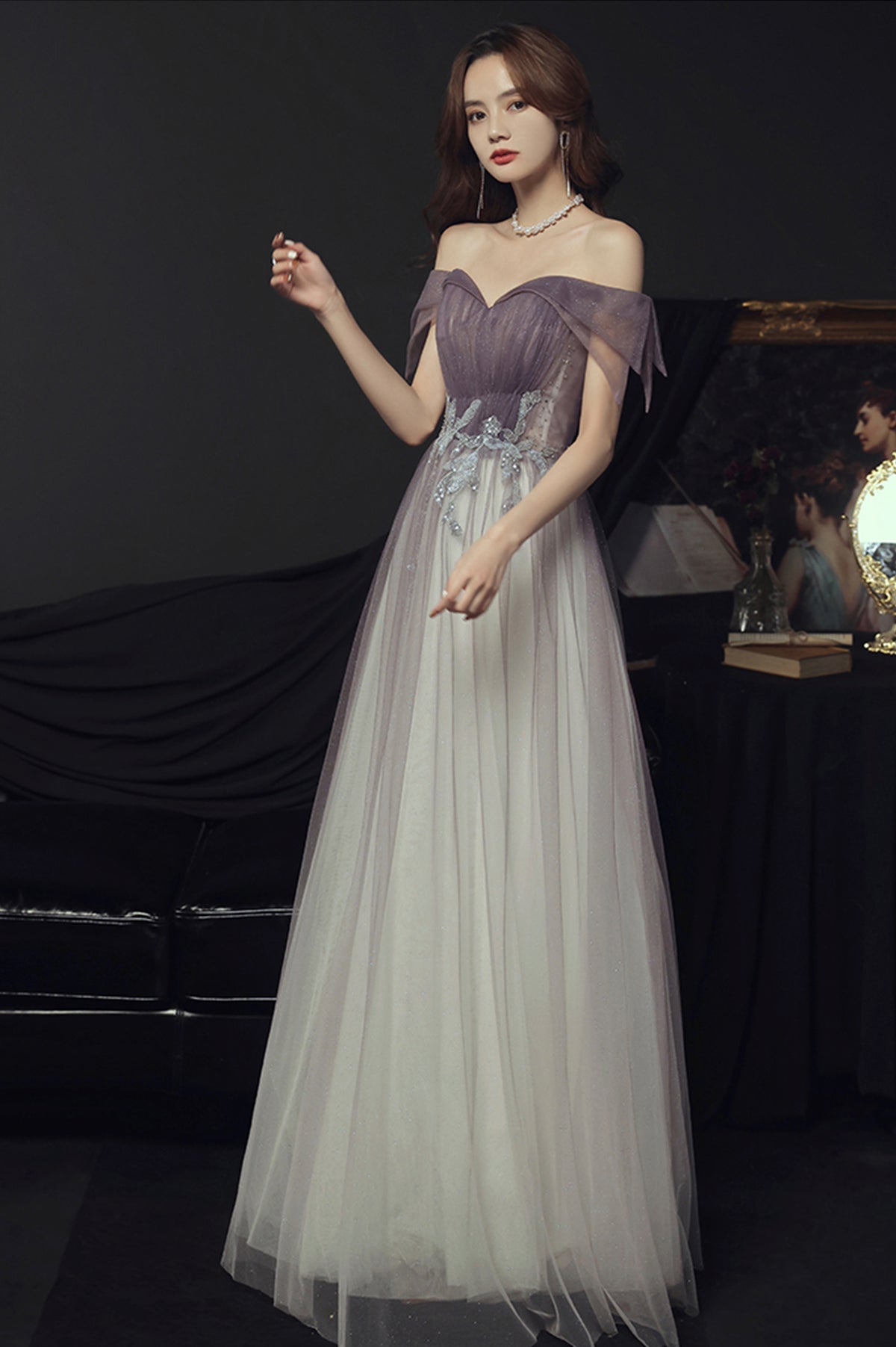 Purple Tulle Long A-Line Prom Dress, Off the Shoulder Evening Graduation Dress