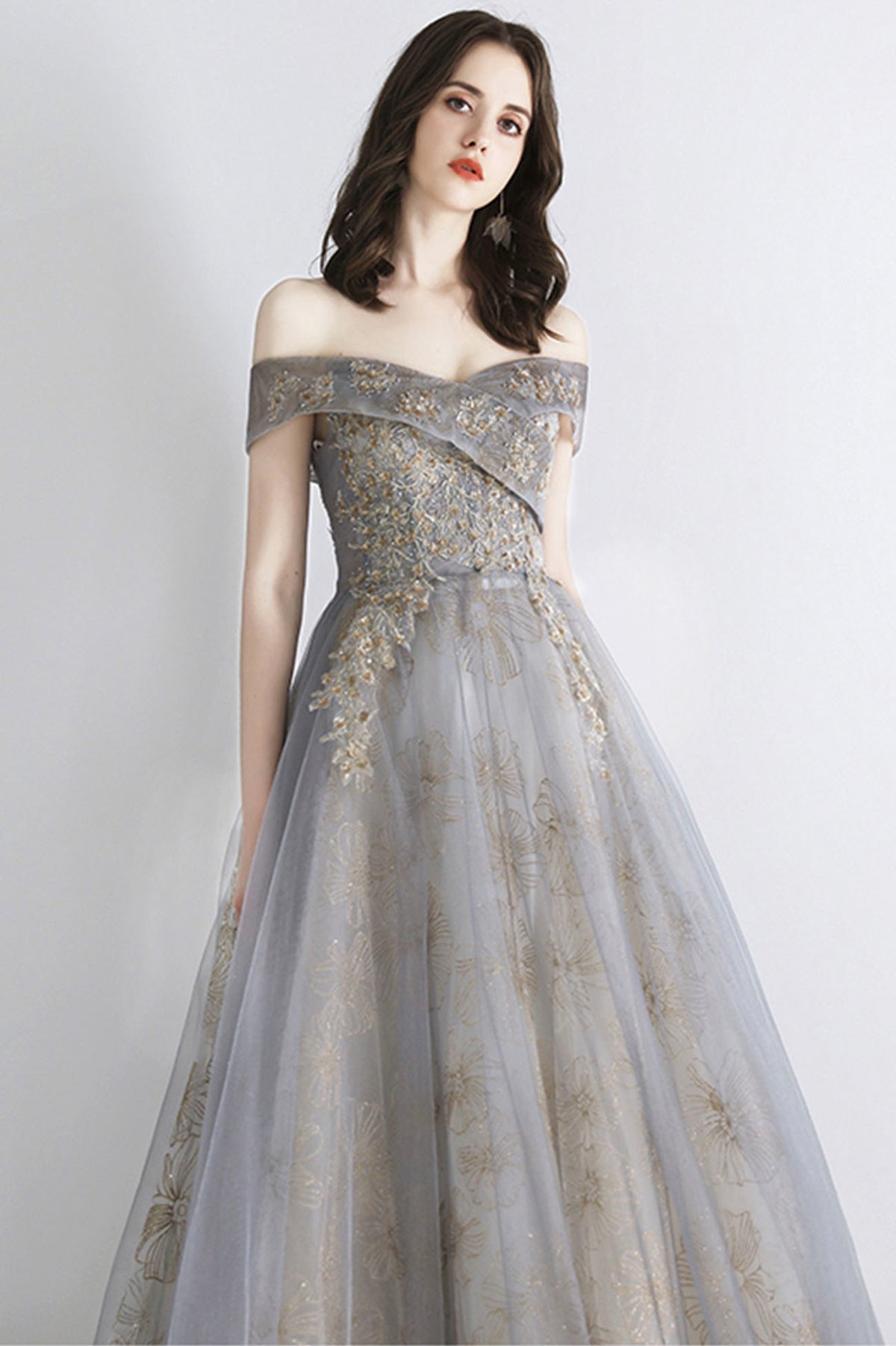 Gray Tulle Sequins Long Prom Dress, Off the Shoulder Evening Graduation Dress