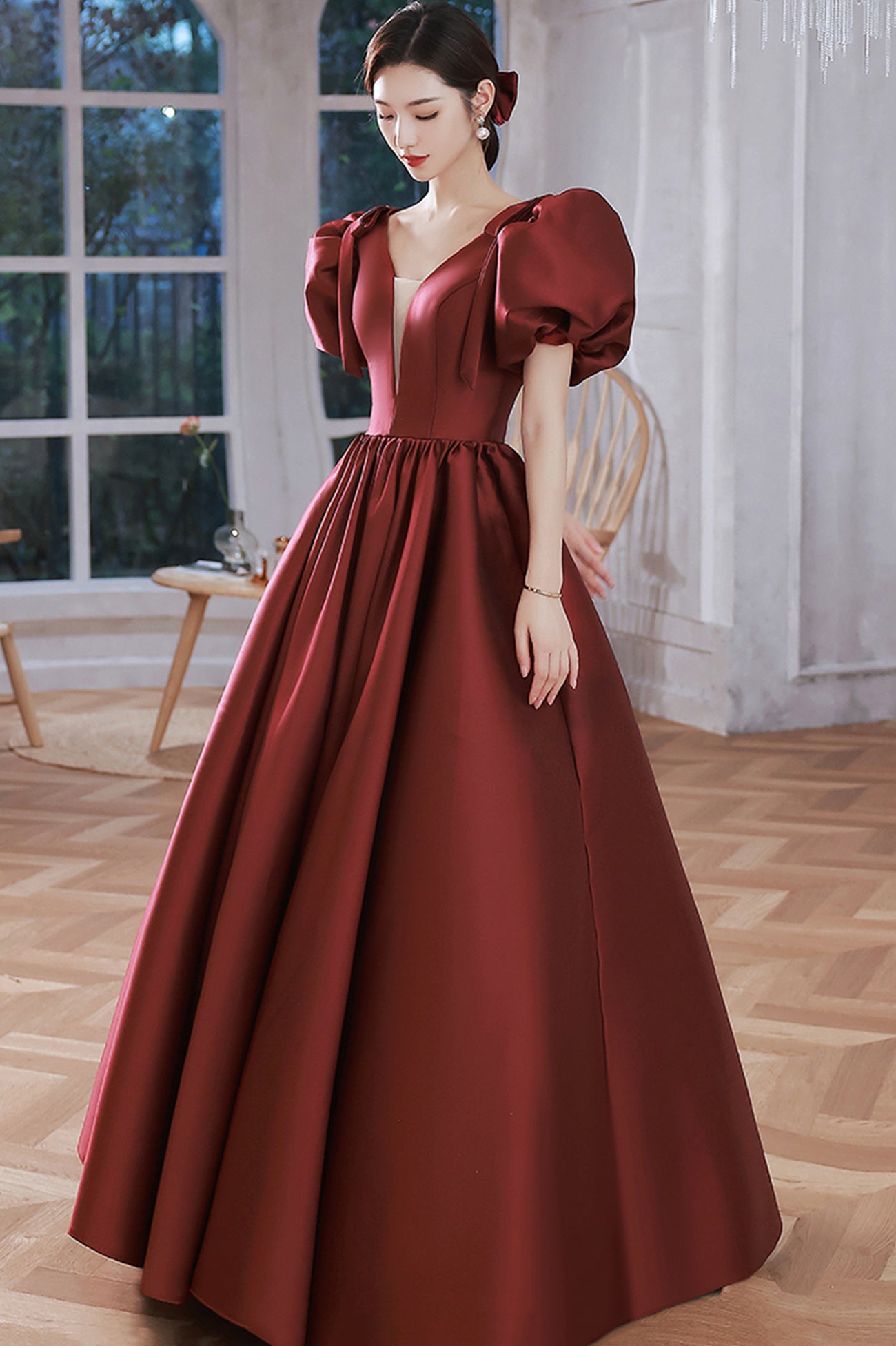 Burgundy Satin Long A-Line Prom Dress, V-Neck Short Sleeve Evening Dre Burgundy Satin Long A-Line Prom Dress, V-Neck Short Sleeve Evening Dre