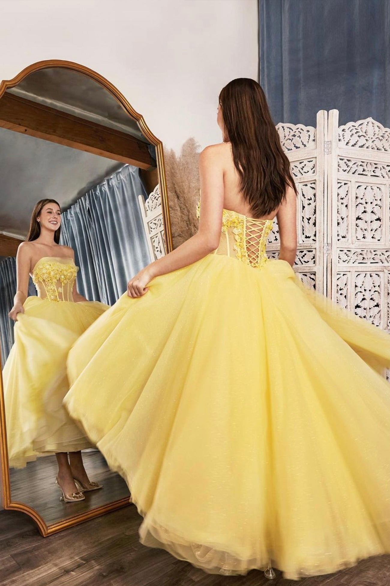Yellow Tulle Long Prom Dress with Lace, Yellow Strapless Evening Party Yellow Tulle Long Prom Dress with Lace, Yellow Strapless Evening Party