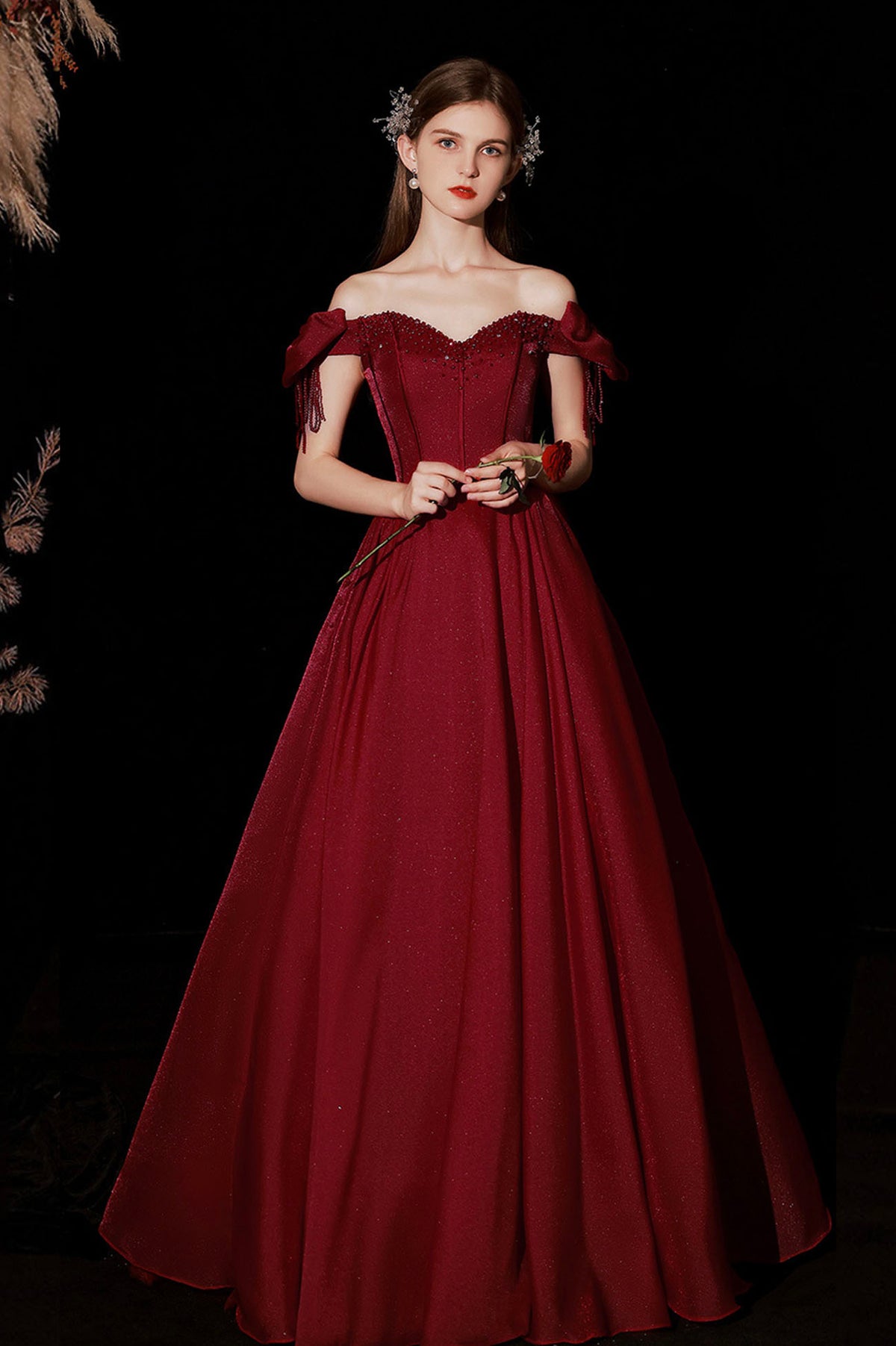 Burgundy Satin Long A-Line Prom Dress, Cute Off the Shoulder Graduation Dress