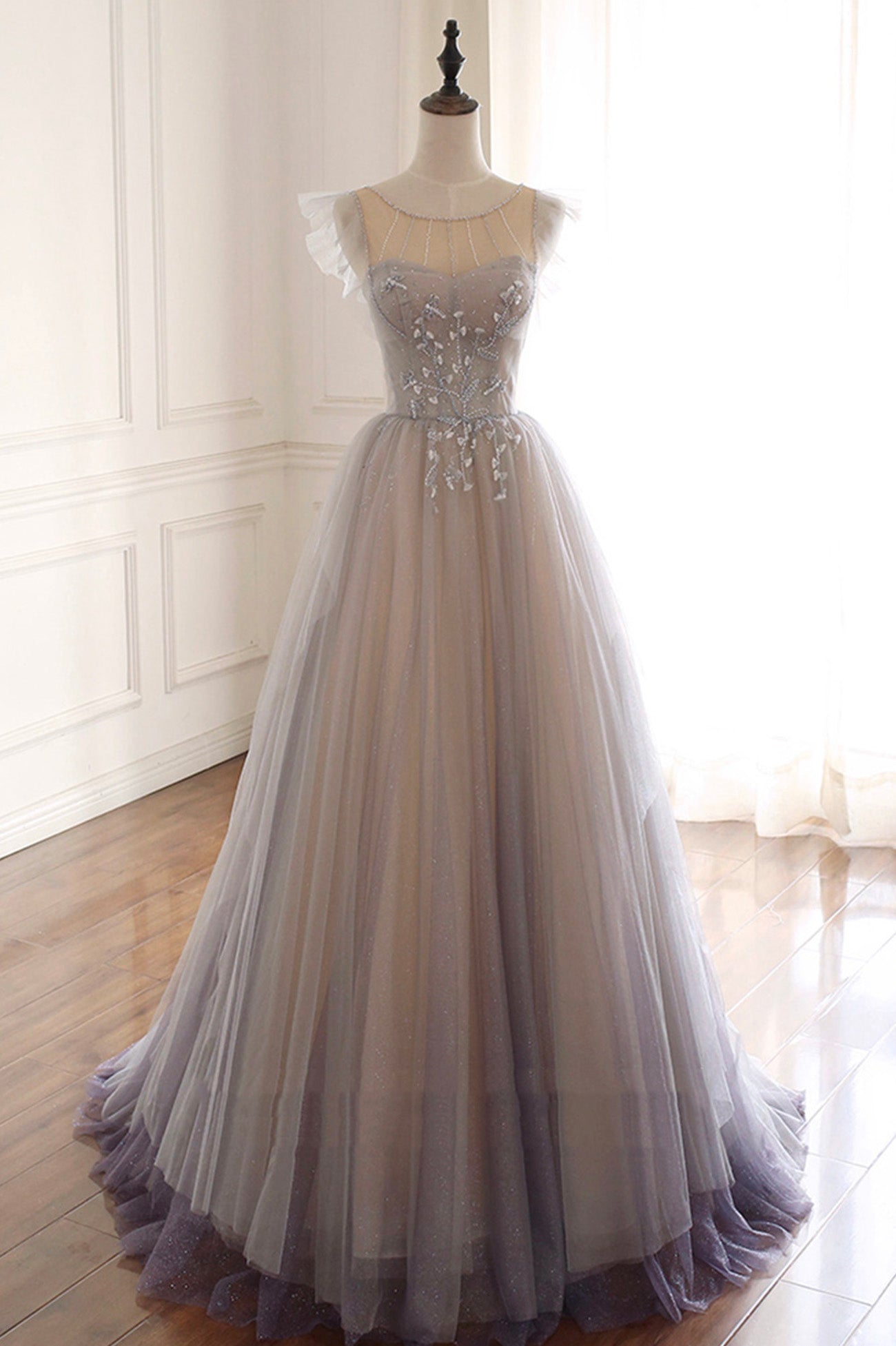 Beautiful Tulle Lace Beaded Long Straps A-line Prom Dress, New Style Junior Party Dresses