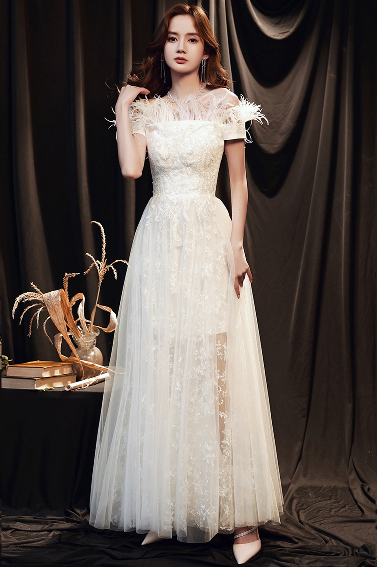 White Lace Long A-Line Prom Dress with Feather, Off the Shoulder Evening Dress