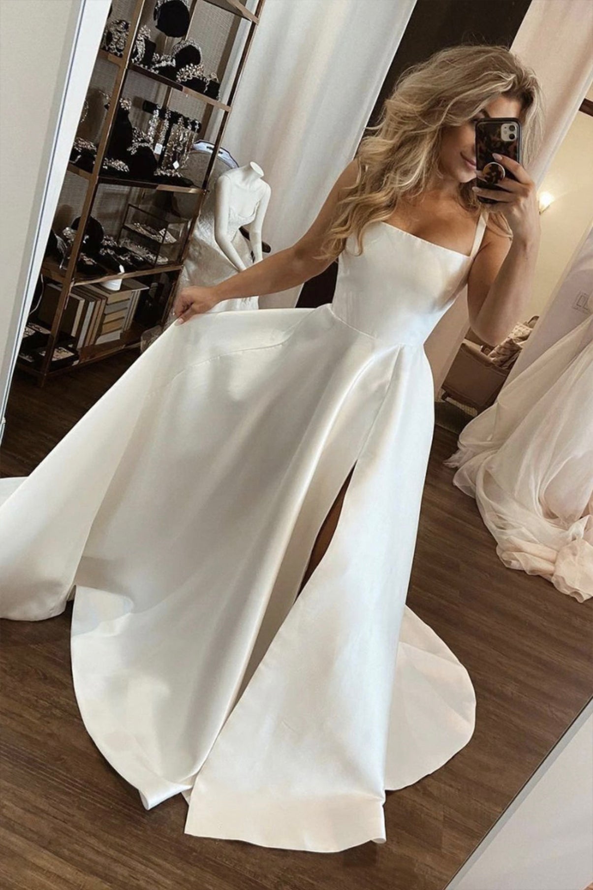 White Satin Long A-Line Prom Dress, Simple A-Line Evening Dress with S White Satin Long A-Line Prom Dress, Simple A-Line Evening Dress with S