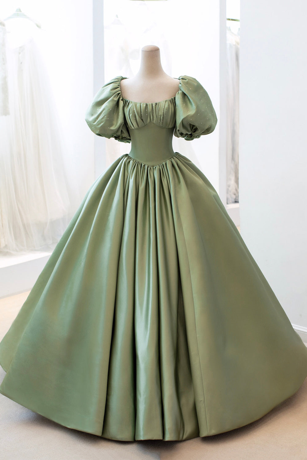 Green Satin Puff Sleeves Long Prom Dress, Green A-Line Formal Dress Green Satin Puff Sleeves Long Prom Dress, Green A-Line Formal Dress