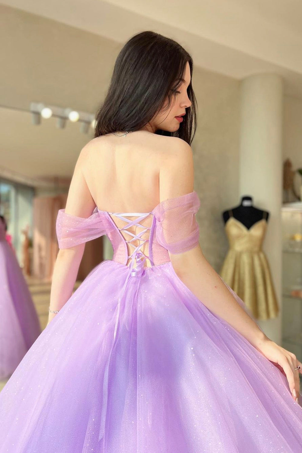 Purple Tulle Long A-Line Prom Dress, Off Shoulder Evening Dress