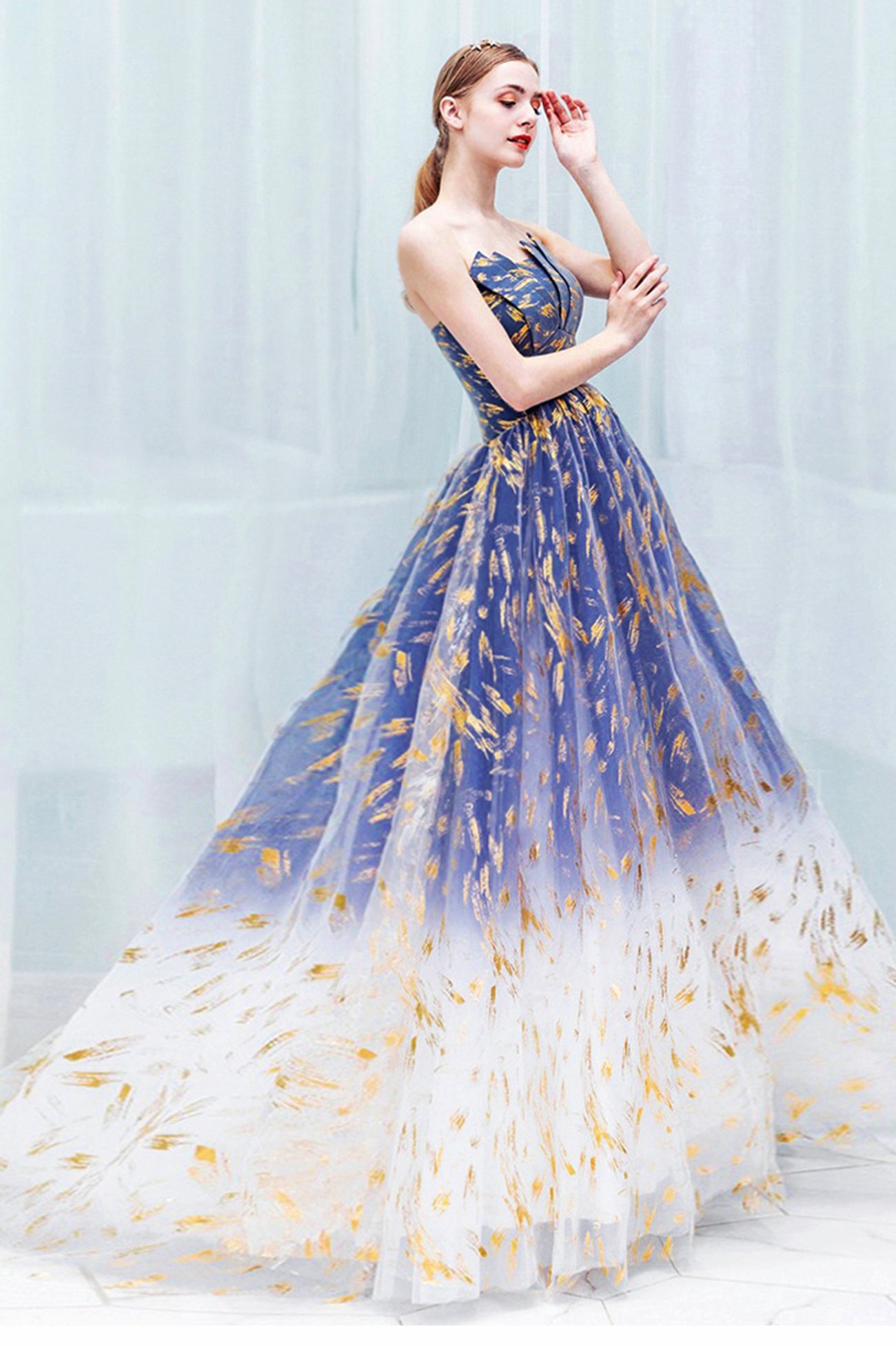 Blue Gradient Tulle Long A-Line Prom Dress, Blue Strapless Evening Par Blue Gradient Tulle Long A-Line Prom Dress, Blue Strapless Evening Par