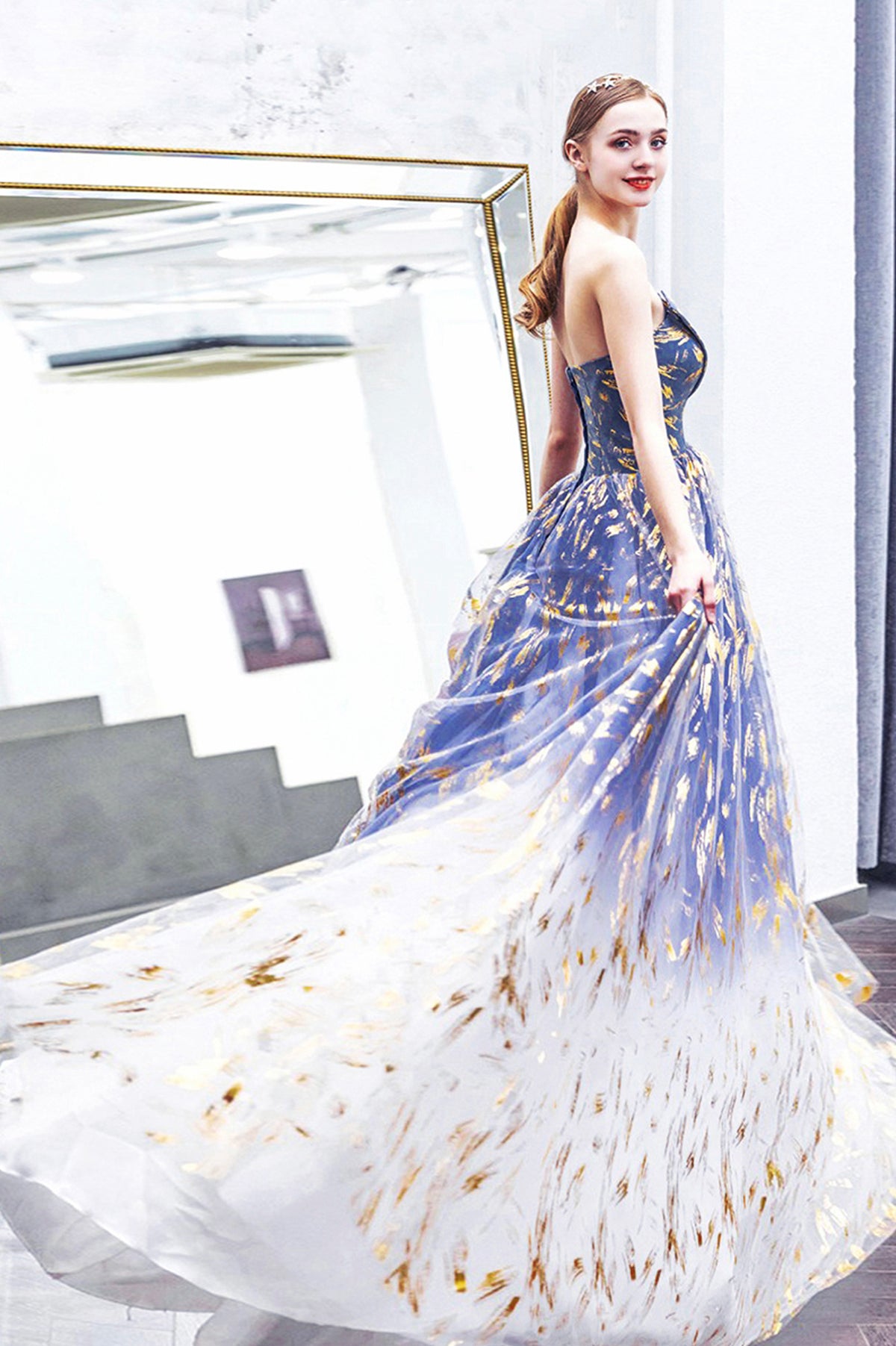 Blue Gradient Tulle Long A-Line Prom Dress, Blue Strapless Evening Party Dress