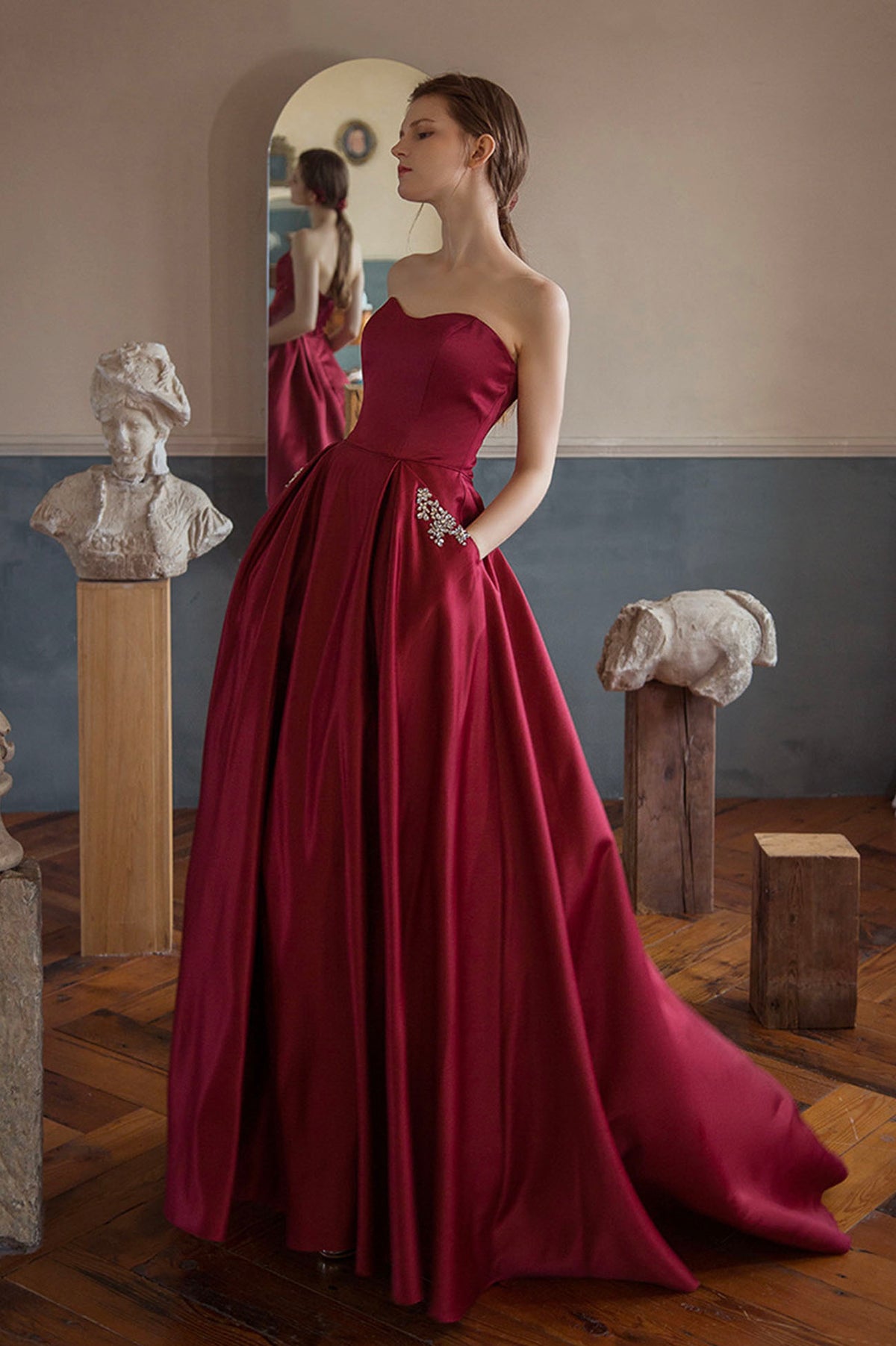 Burgundy Strapless Satin Long Prom Dress, A-Line Evening Graduation Dress
