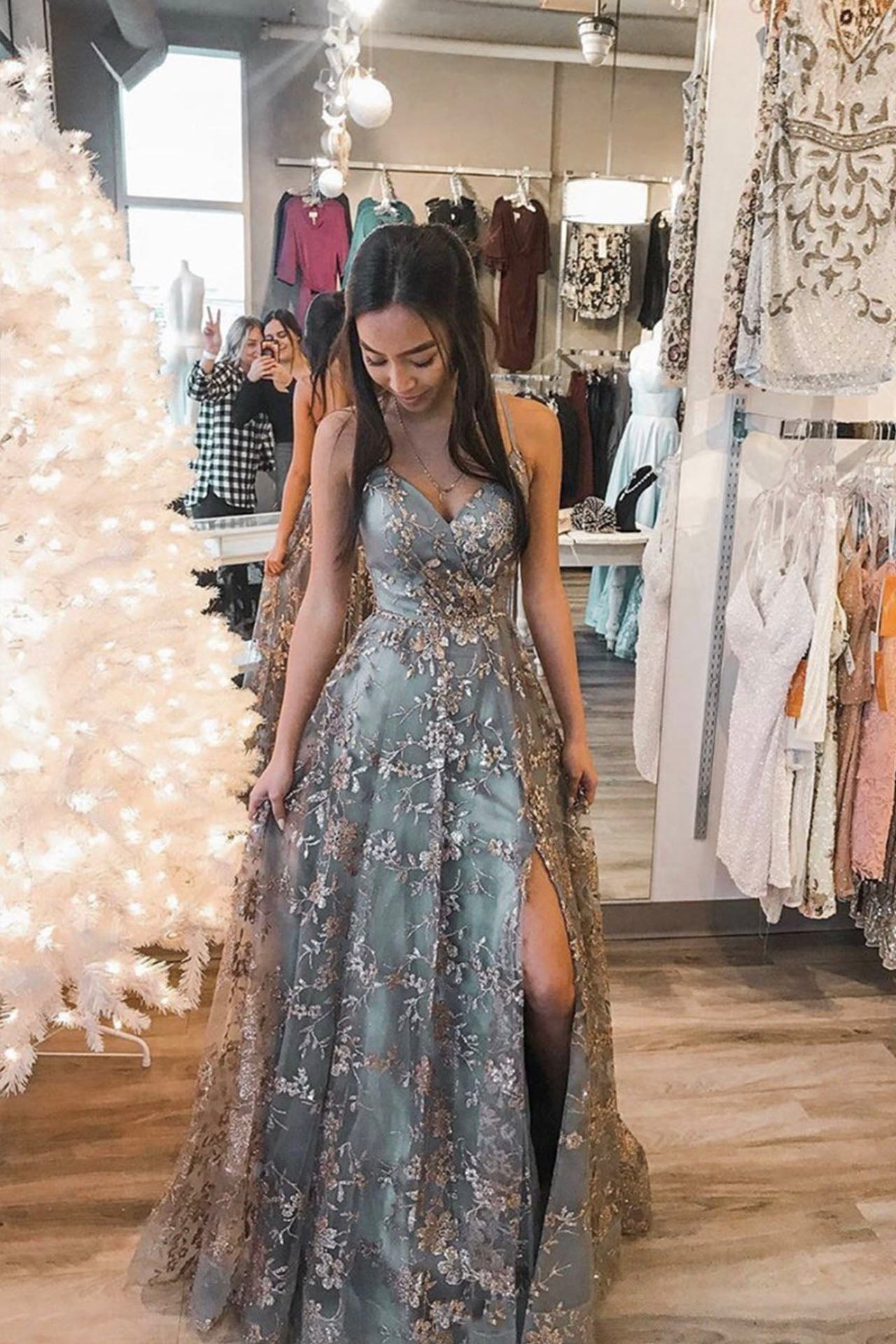 A-Line Tulle Sequins Long Prom Dress, V-Neck Backless Graduation Dress A-Line Tulle Sequins Long Prom Dress, V-Neck Backless Graduation Dress