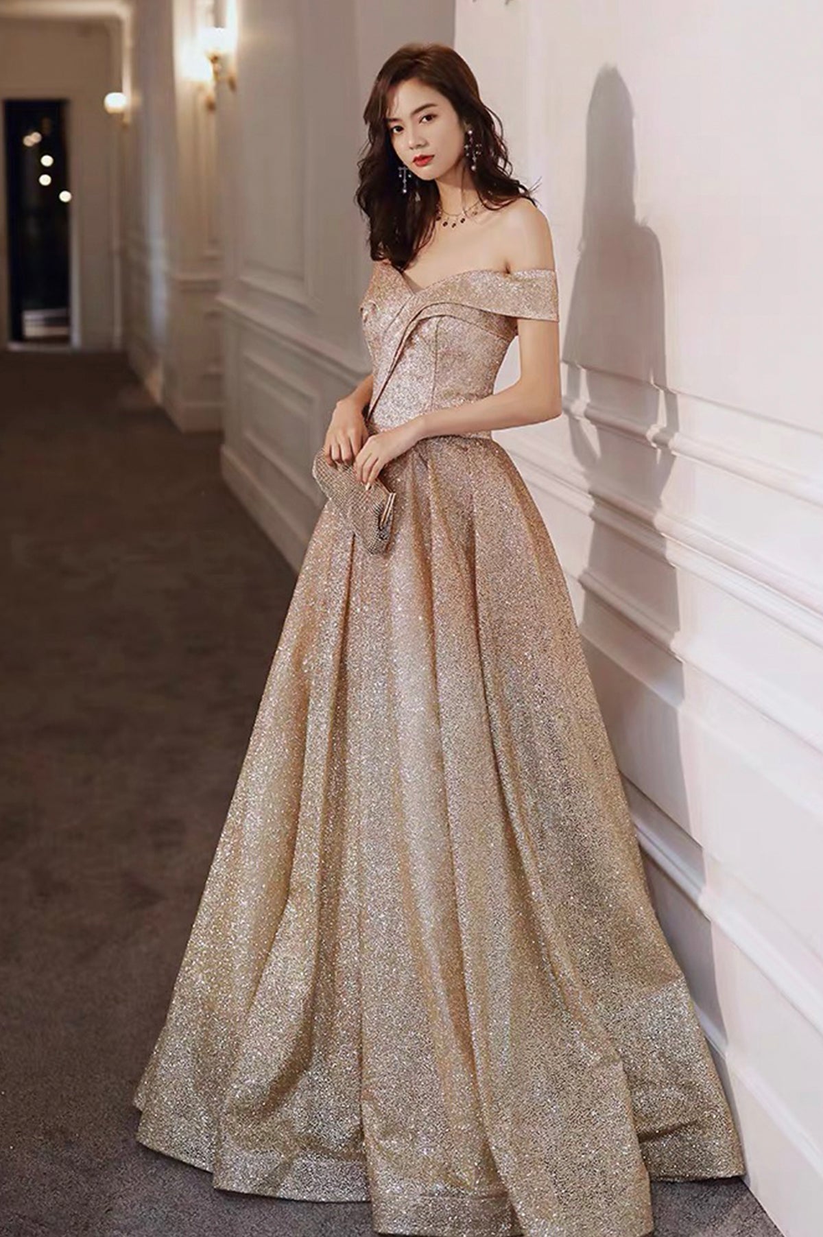 Gold Sequins Off the Shoulder Prom Dress, Shiny A-Line Evening Party Dress