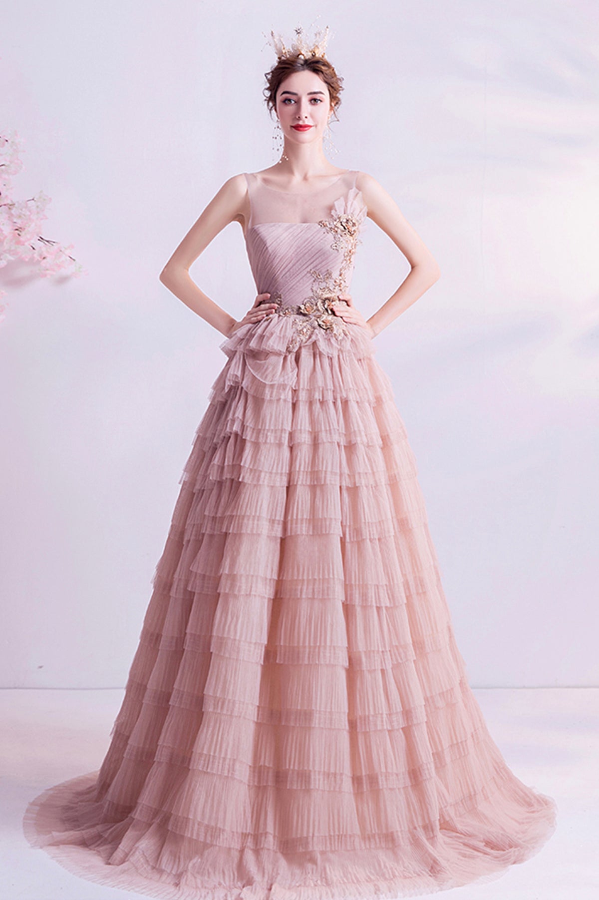 Pink Tulle Long A-Line Prom Dress, Pink Scoop Neckline Formal Evening Dress