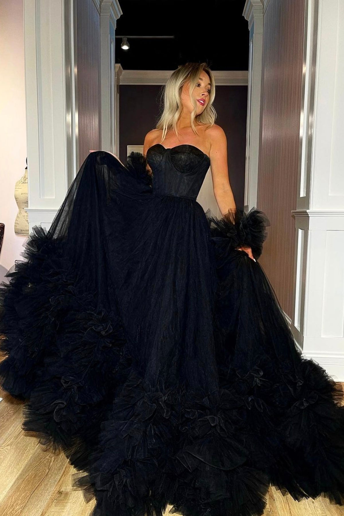 Black Tulle Long Prom Dress, Black A-Line Strapless Evening Dress