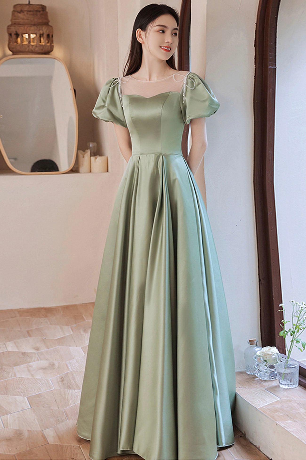 Green Satin Long A-Line Prom Dress, Cute Short Sleeve Evening Dress Green Satin Long A-Line Prom Dress, Cute Short Sleeve Evening Dress