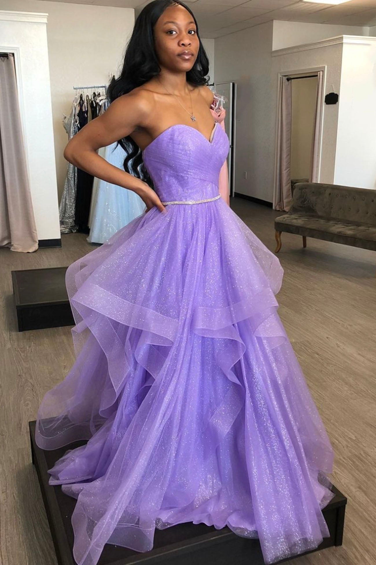 Purple A line tulle long prom dress, purple tulle evening dress
