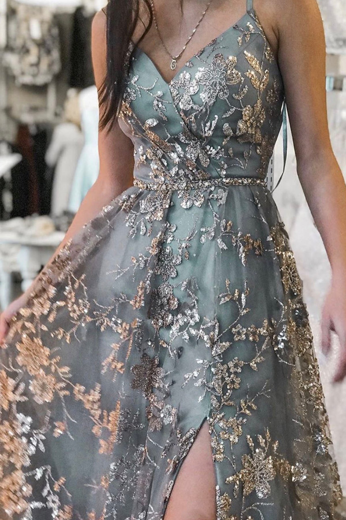 A-Line Tulle Sequins Long Prom Dress, V-Neck Backless Graduation Dress