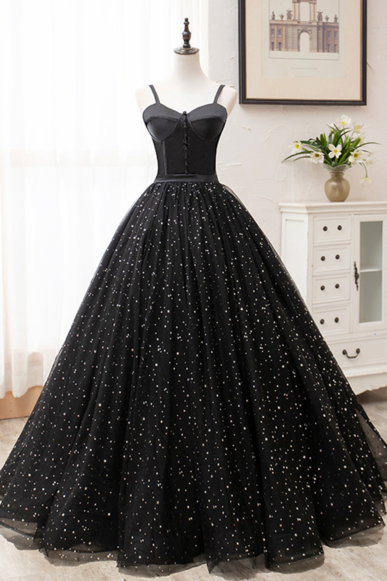 Black Tulle Long Prom Dress, Black Spaghetti Straps Formal Evening Gow