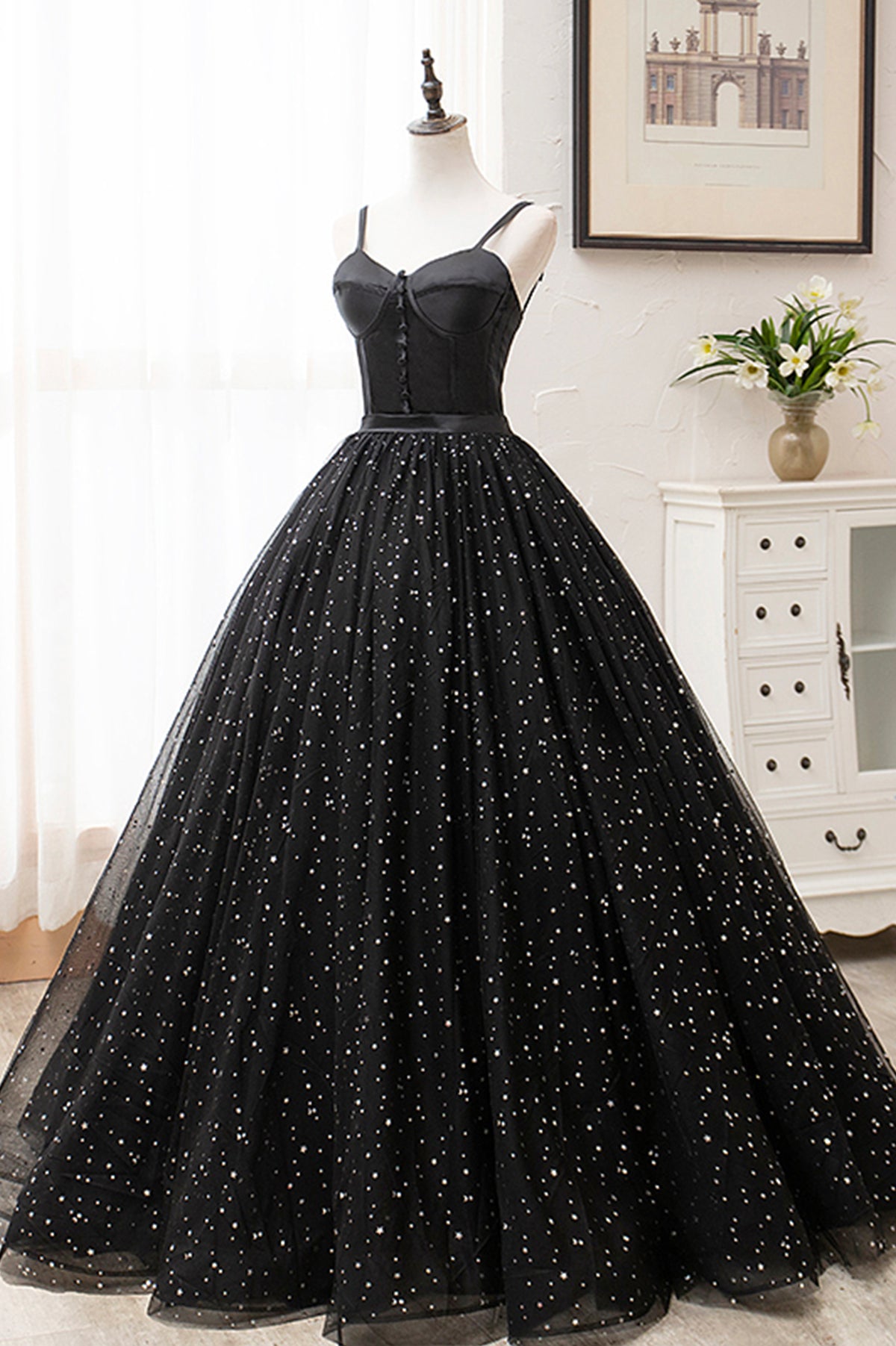 Black Tulle Long Prom Dress, Black Spaghetti Straps Formal Evening Gown