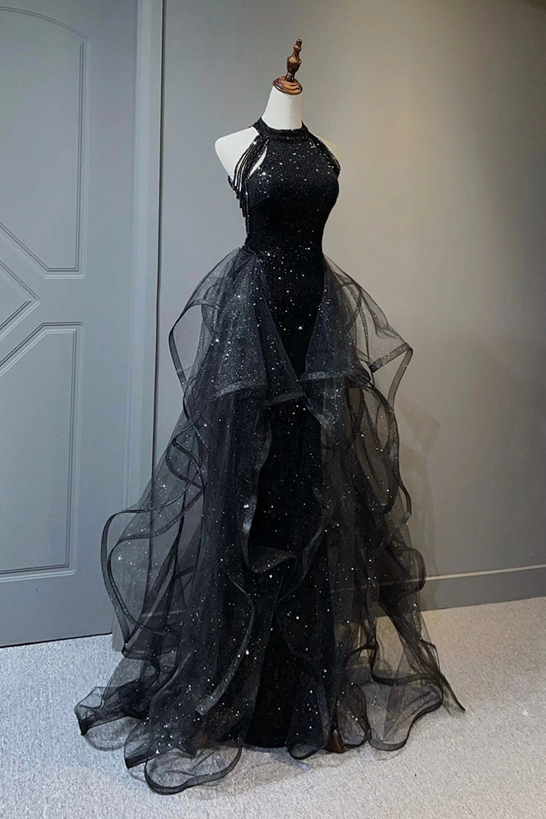 Black Shiny Tulle Long Party Dress with Beaded, Black Evening Dress Black Shiny Tulle Long Party Dress with Beaded, Black Evening Dress